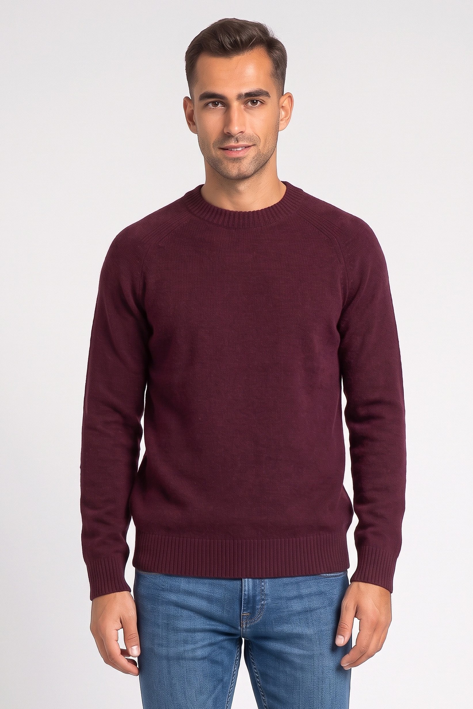 Men Crew Neck Knitted Sweater, Maroon