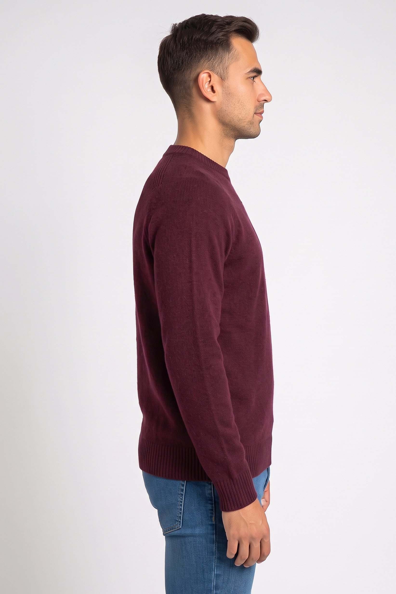 Men Crew Neck Knitted Sweater, Maroon