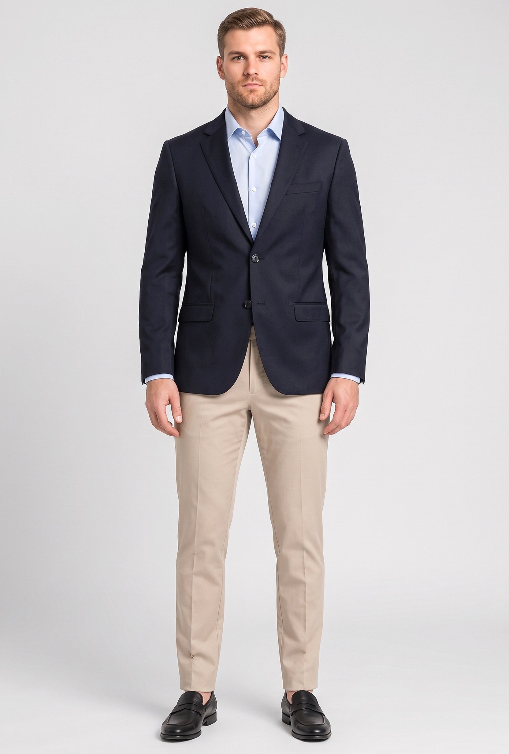 Men Slim Fit Long Sleeve Plain Casual Blazer Jacket, Dark Navy