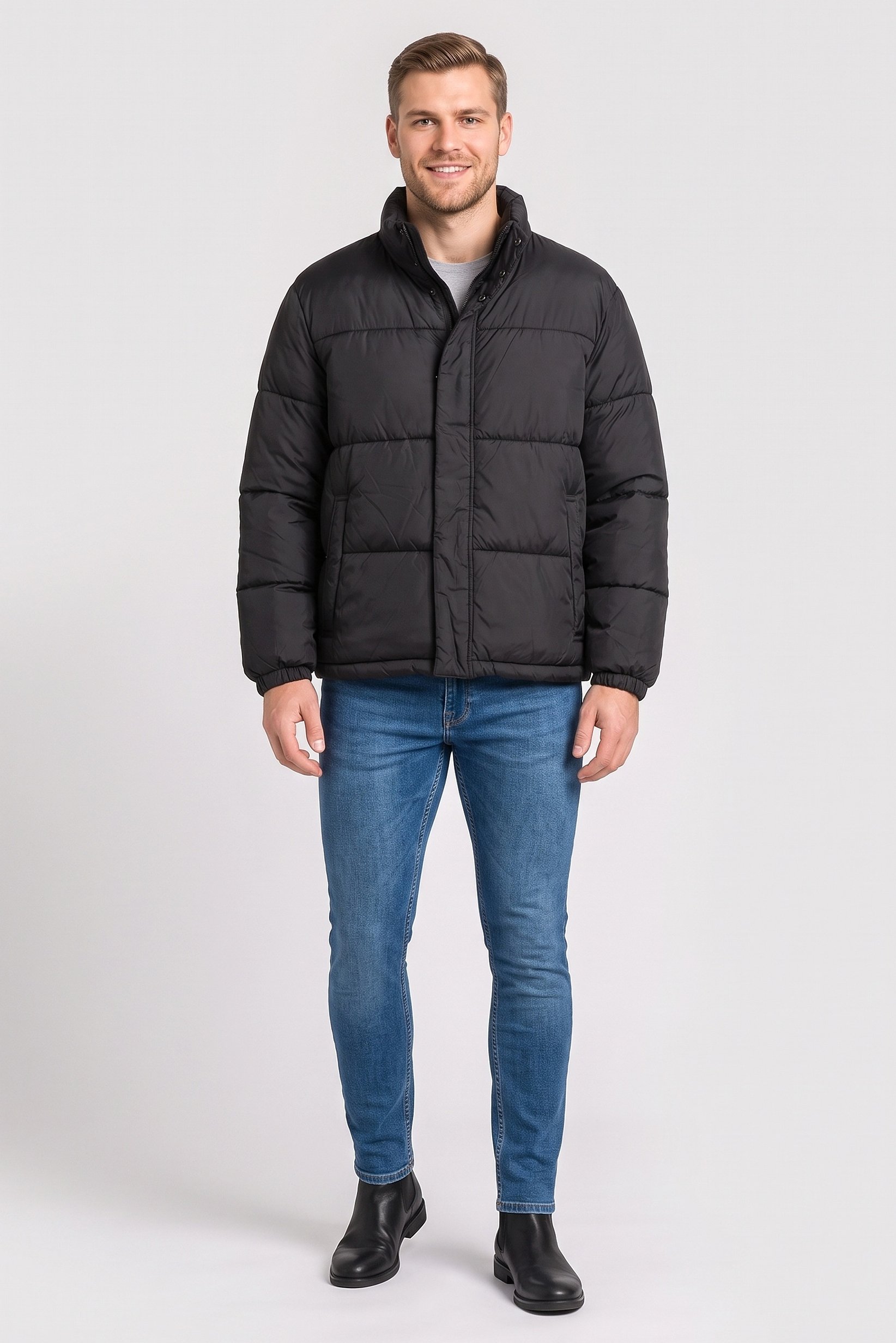 Men Quilted Puffer Jacket, Black