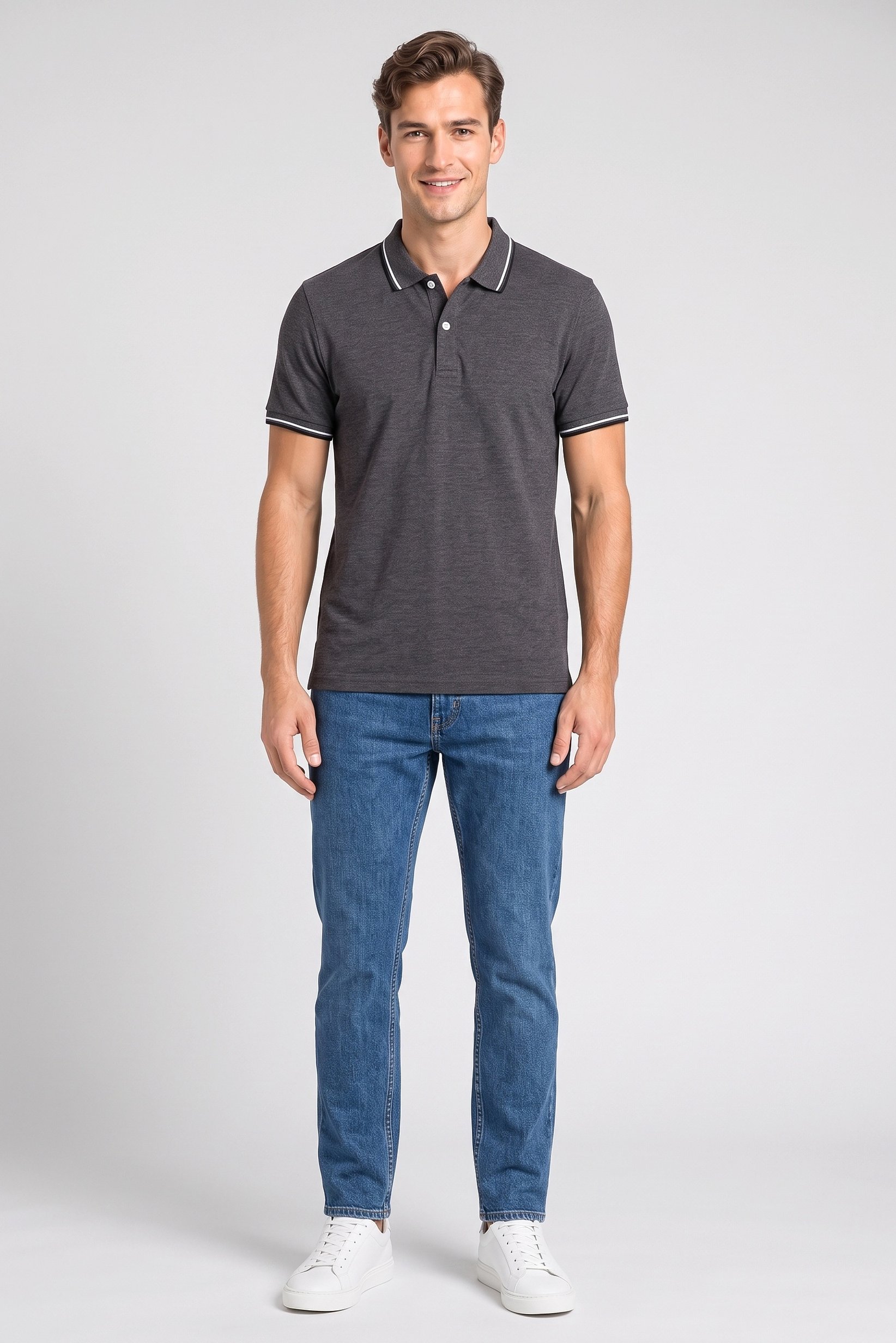 Men Regular Fit Short Sleeve Heather Polo Shirt, Dark Grey