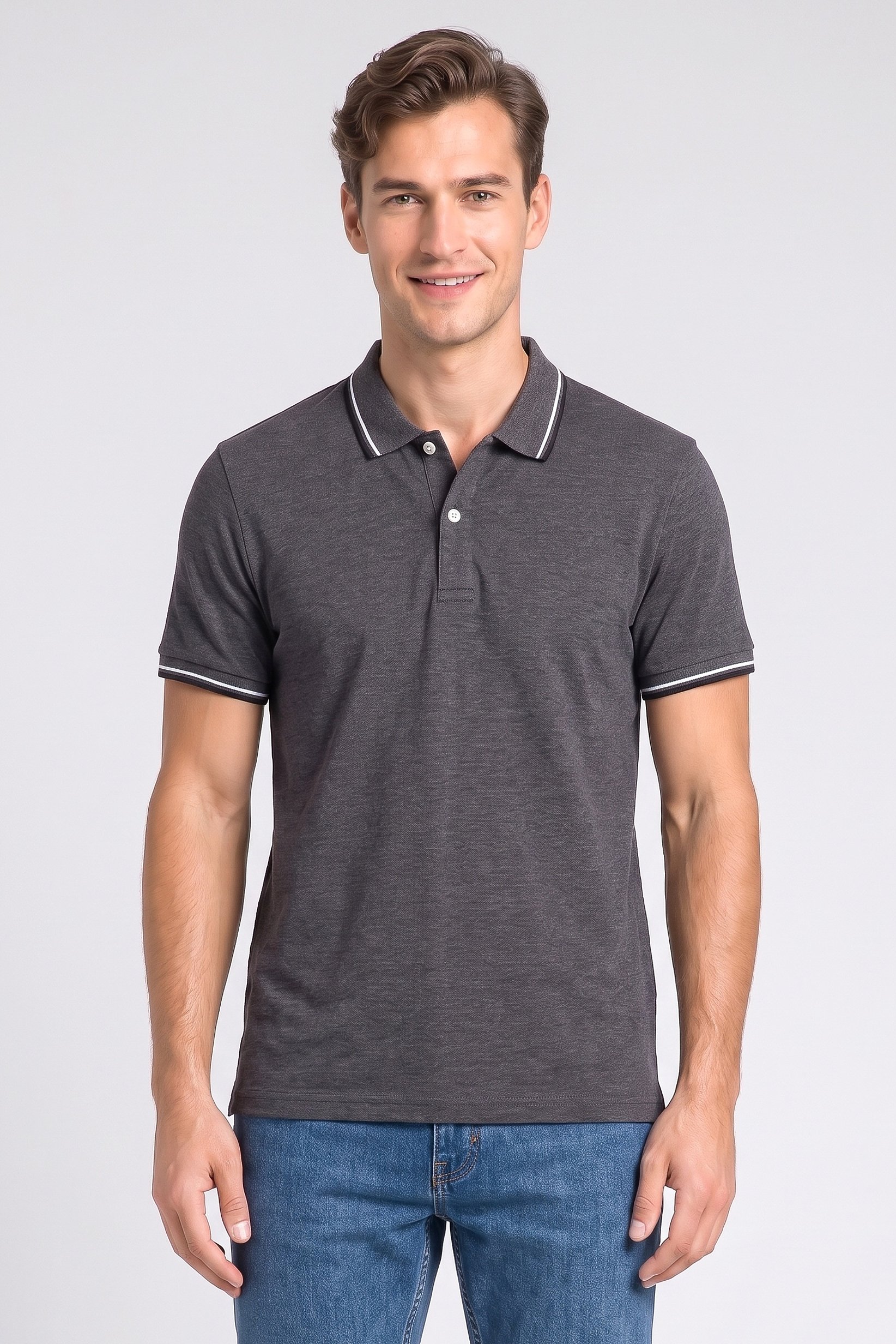 Men Regular Fit Short Sleeve Heather Polo Shirt, Dark Grey