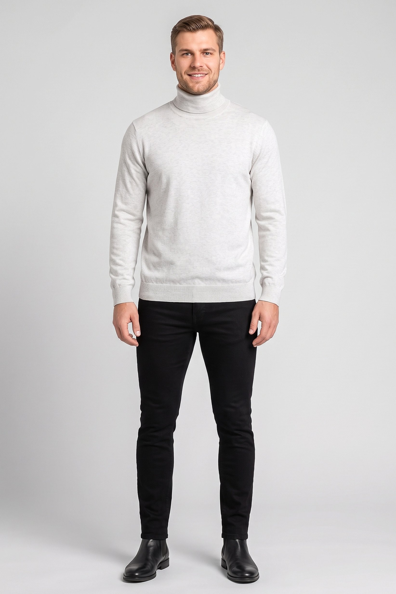 Men Turtle Neck Knitted Sweater, Light Grey