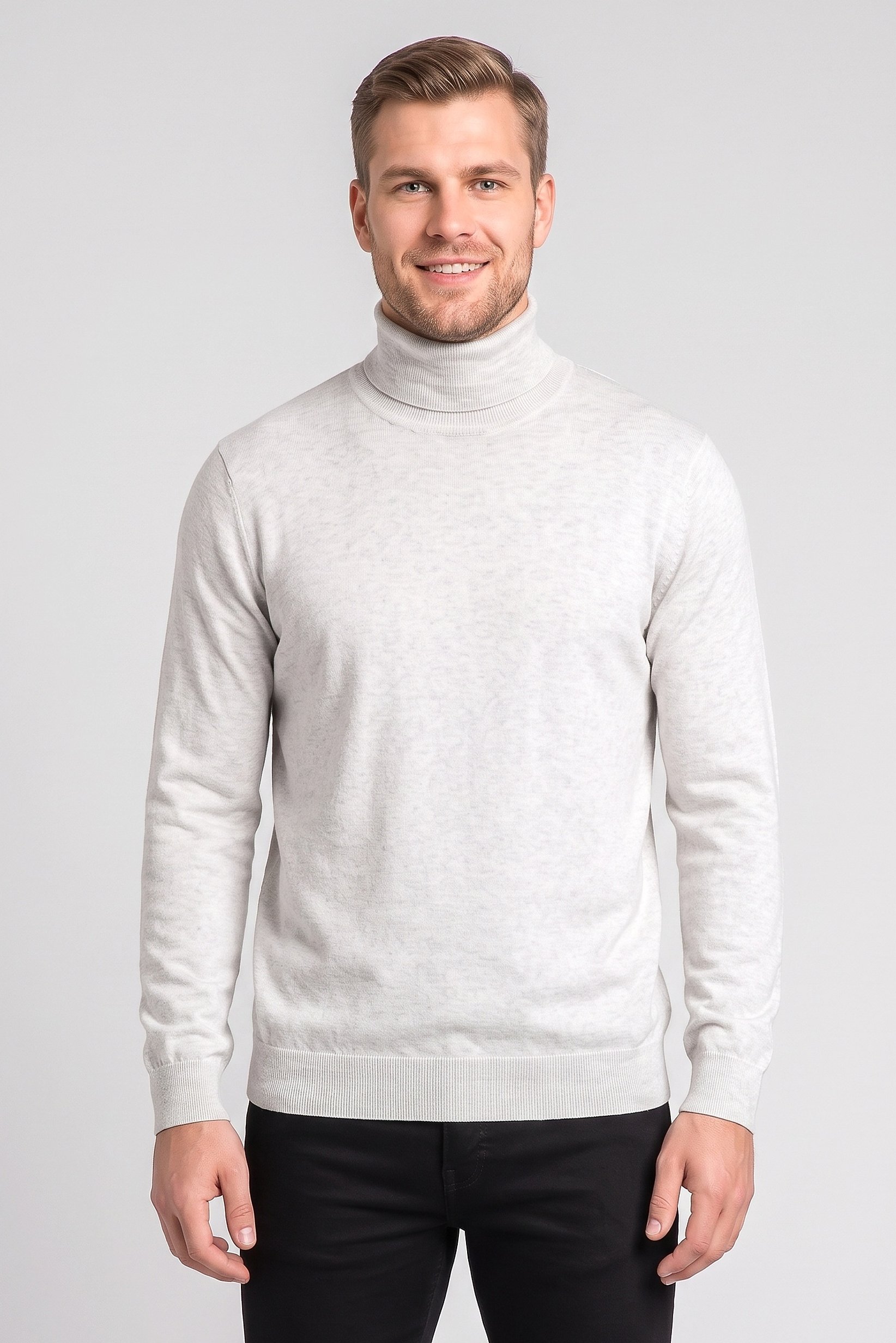 Men Turtle Neck Knitted Sweater, Light Grey