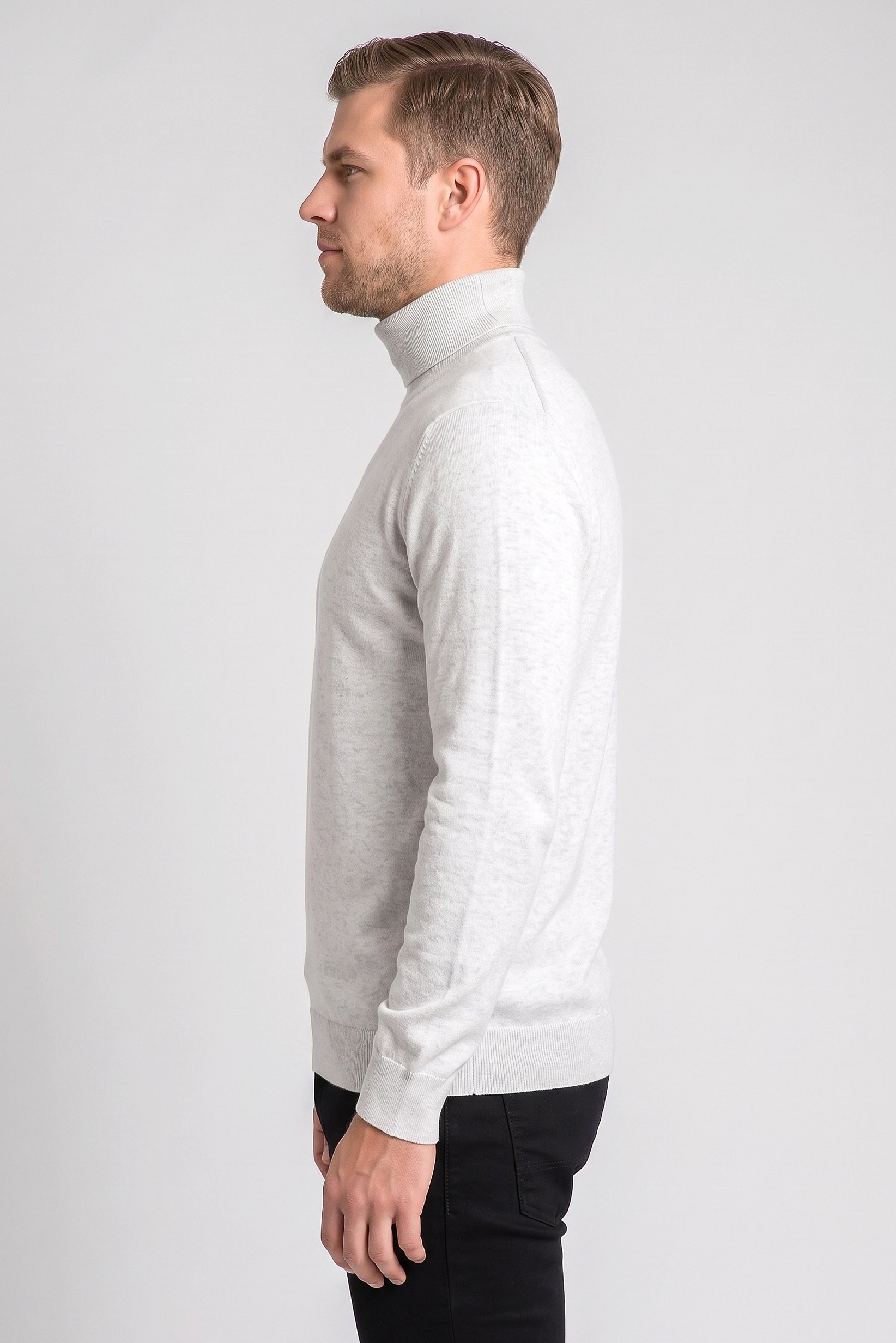Men Turtle Neck Knitted Sweater, Light Grey