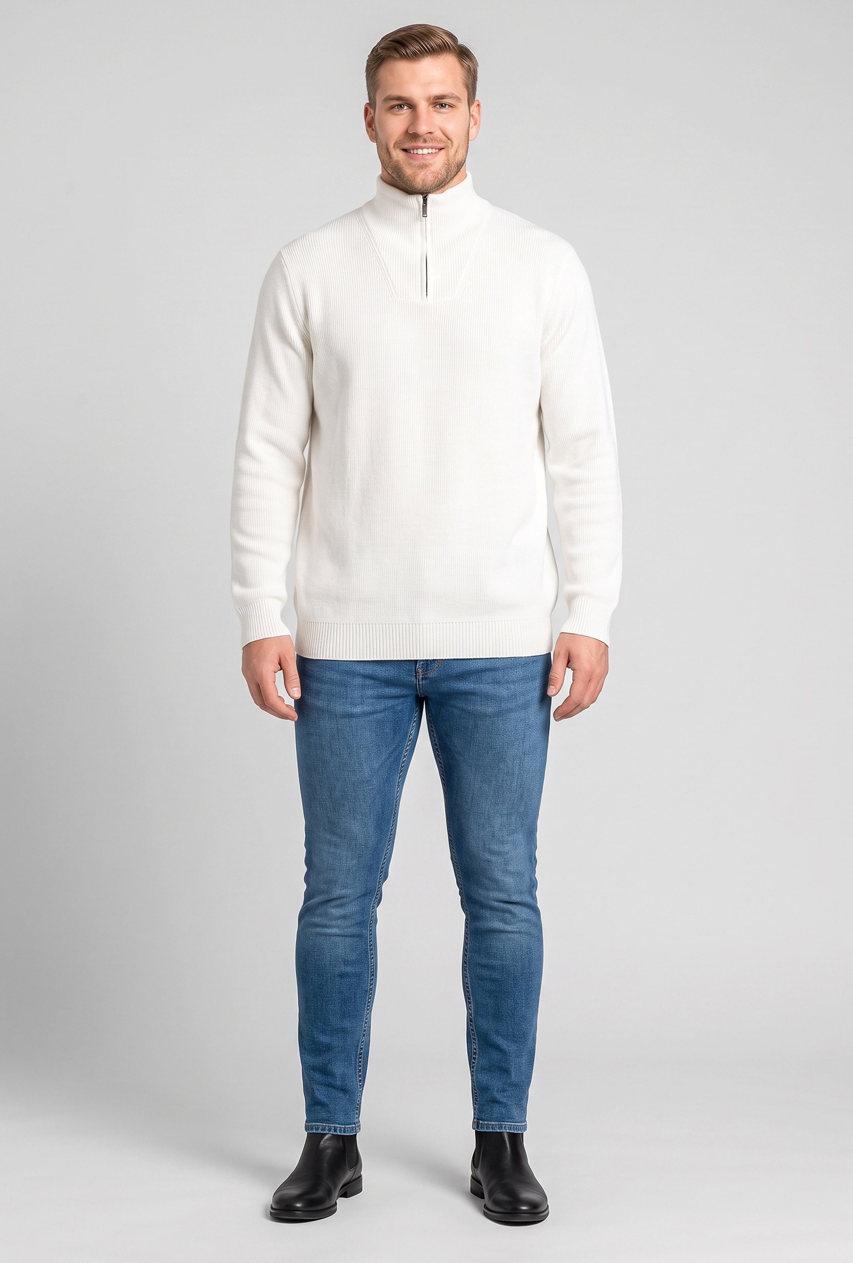 Men Mock Neck Textured Sweater, White