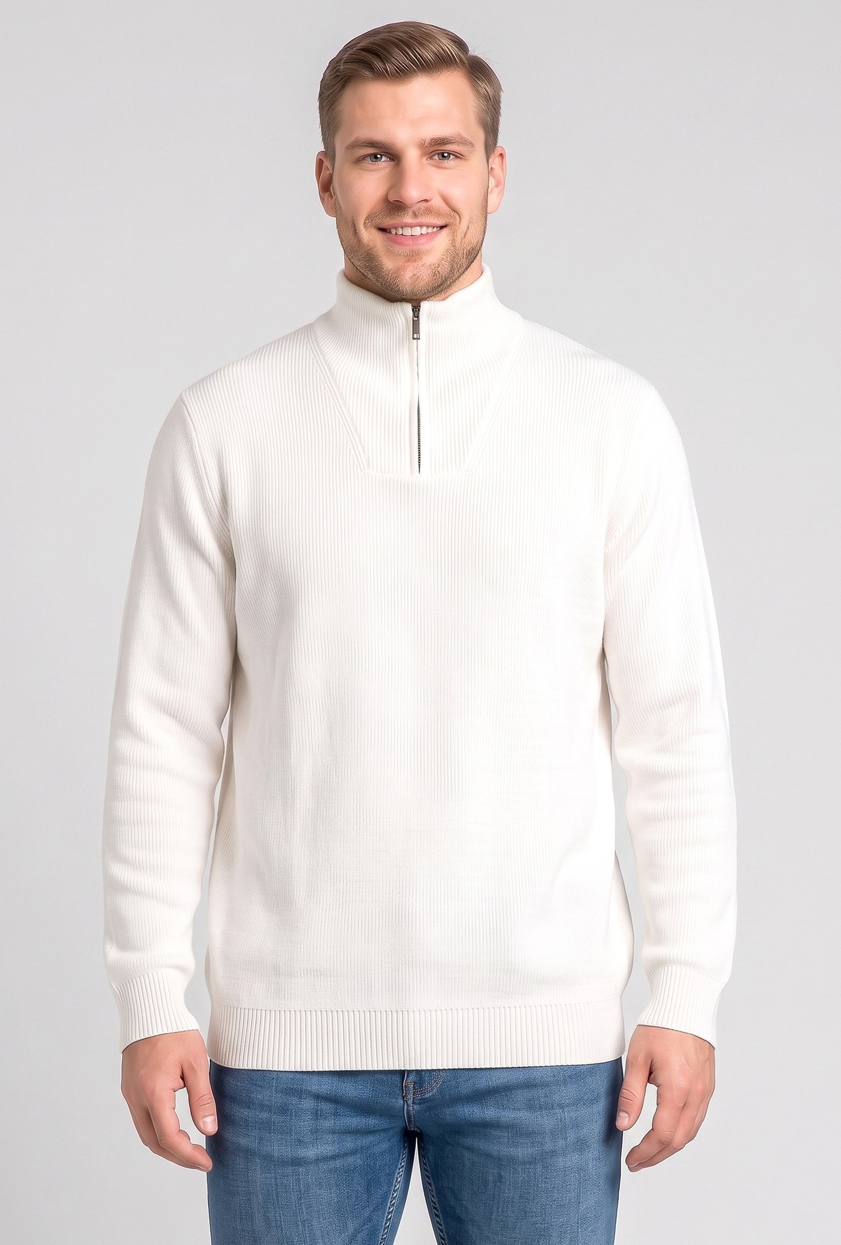 Men Mock Neck Textured Sweater, White