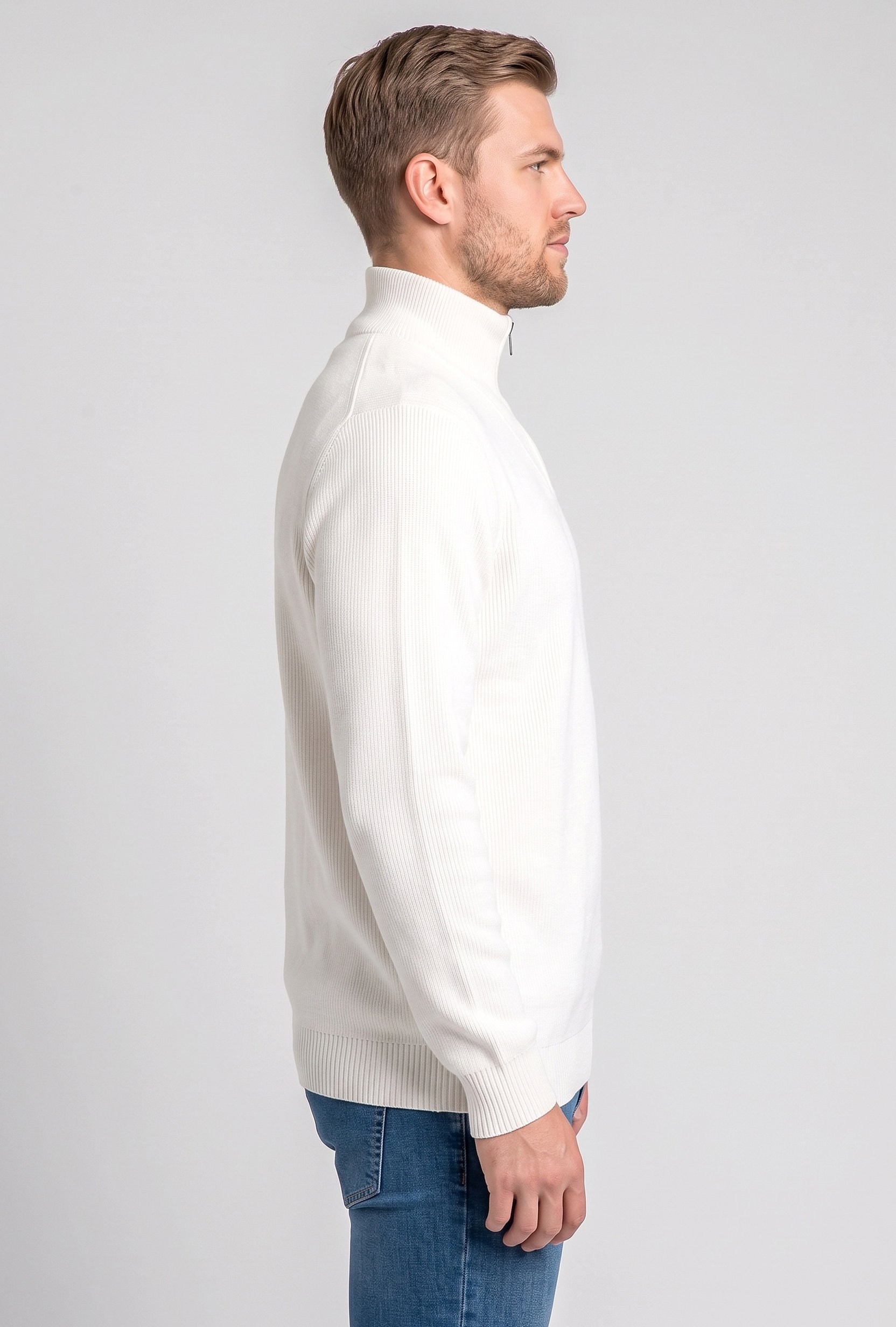 Men Mock Neck Textured Sweater, White