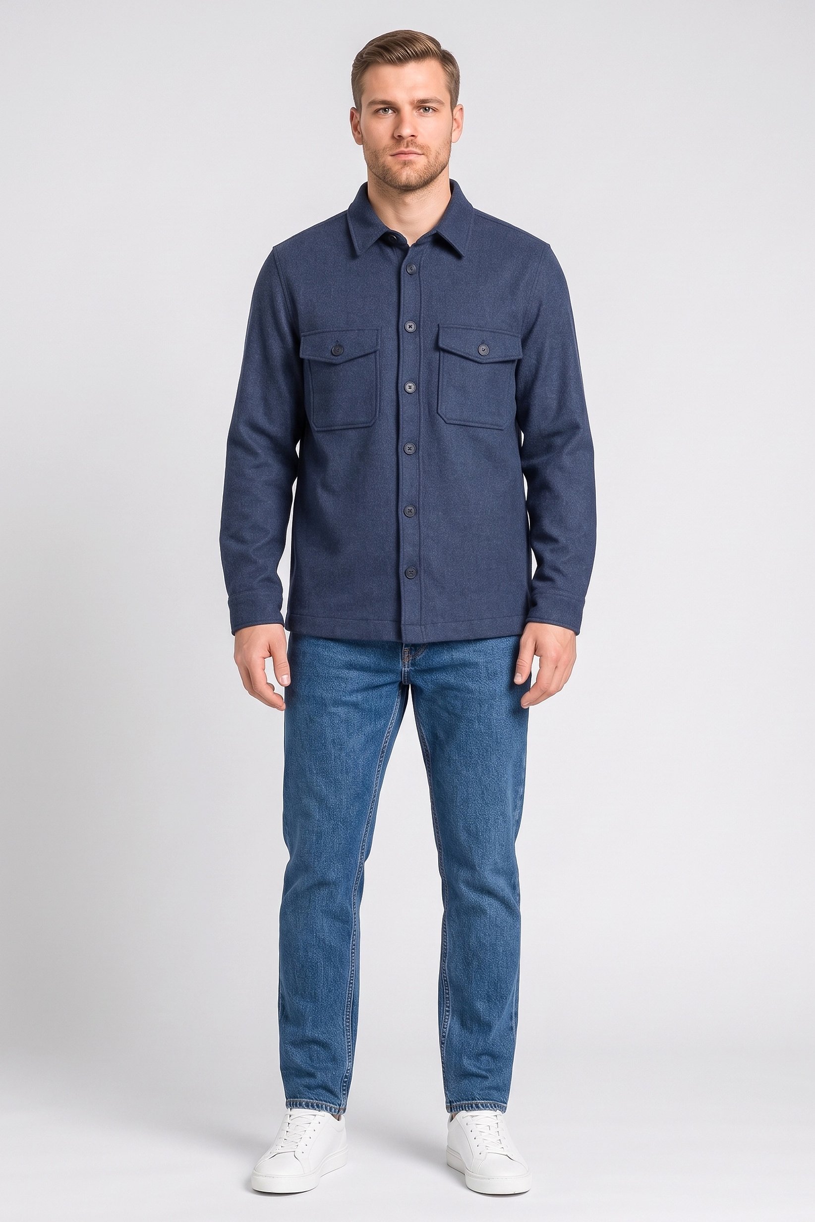 Men Regular Fit Long Sleeve Heather Jacket Shirt, Navy