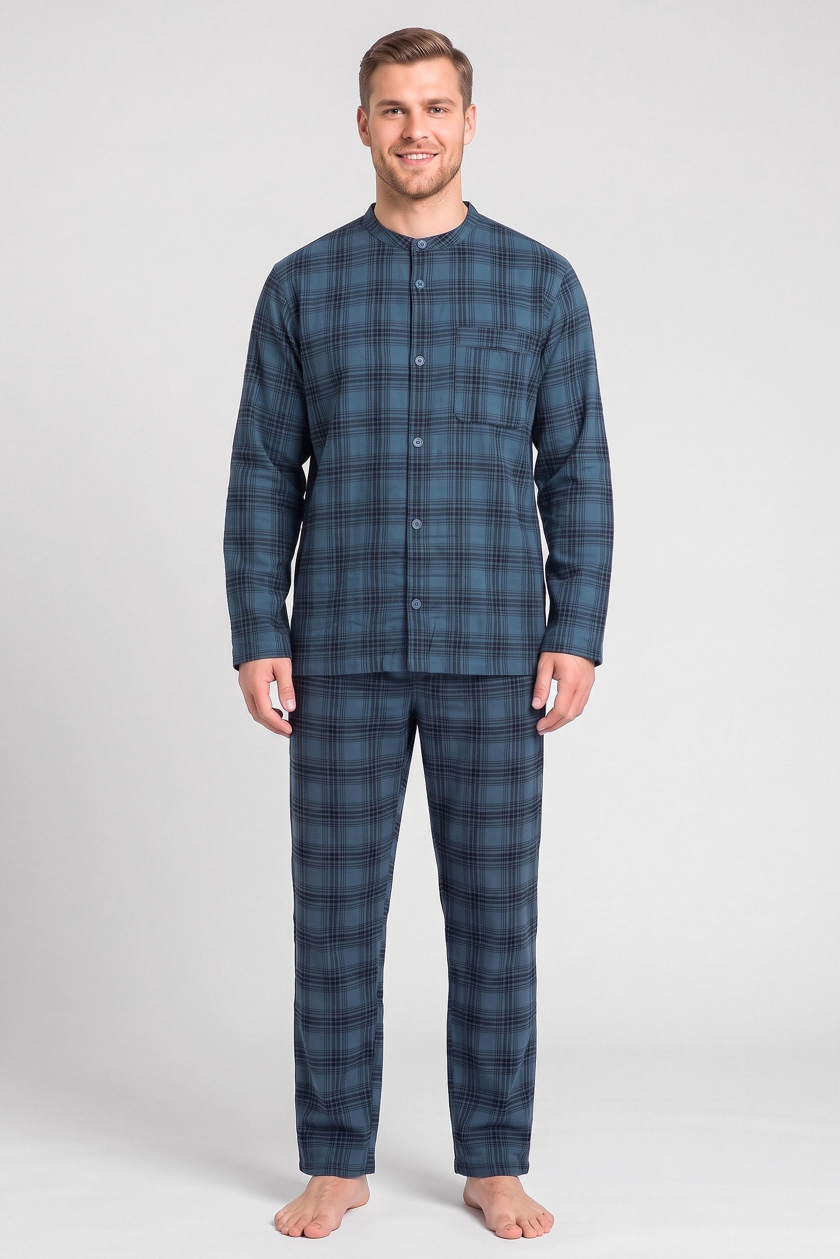 Men 2 Pieces Plaid Shirt And Pants Pajama Set, Multicolor