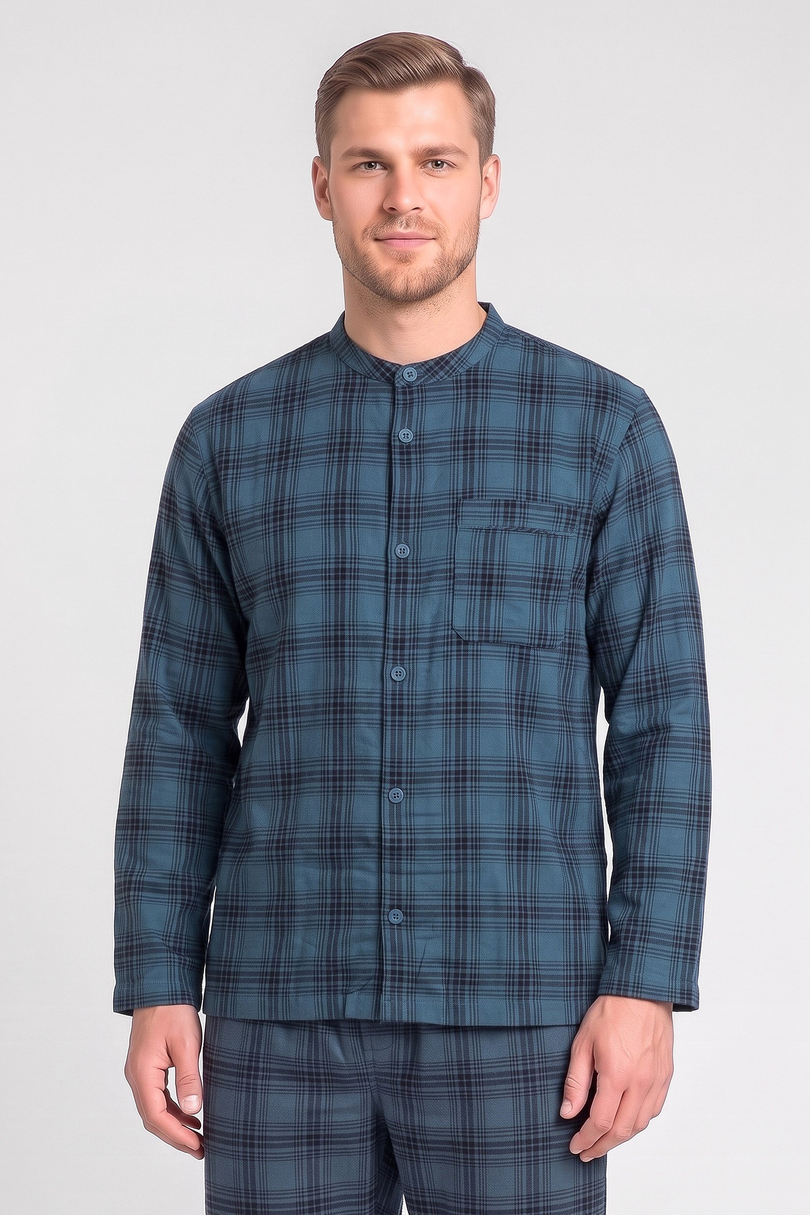 Men 2 Pieces Plaid Shirt And Pants Pajama Set, Multicolor