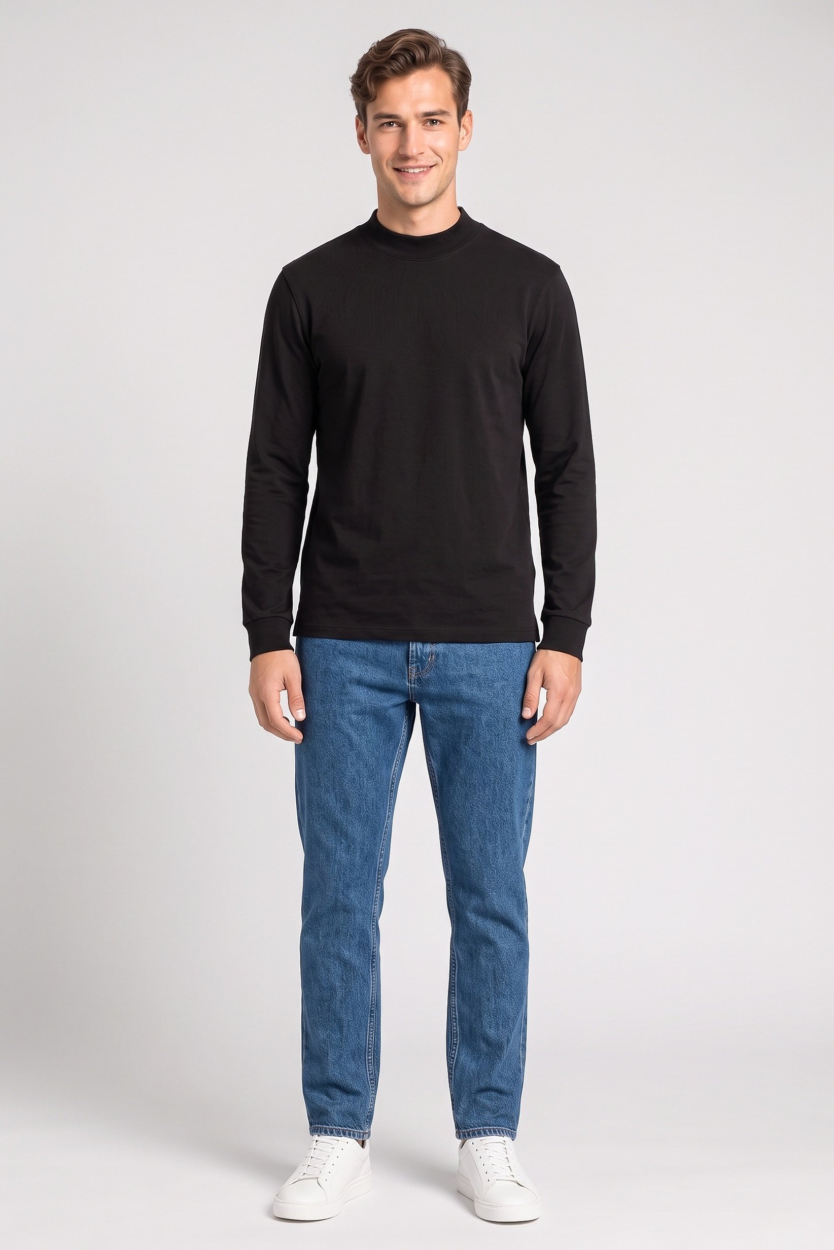 Men Crew Neck Solid Long Sleeve Sweatshirt, Black