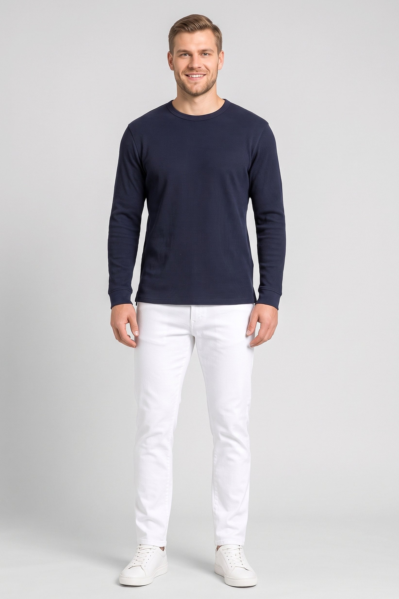 Men Crew Neck Long Sleeve Textured Sweatshirt, Navy