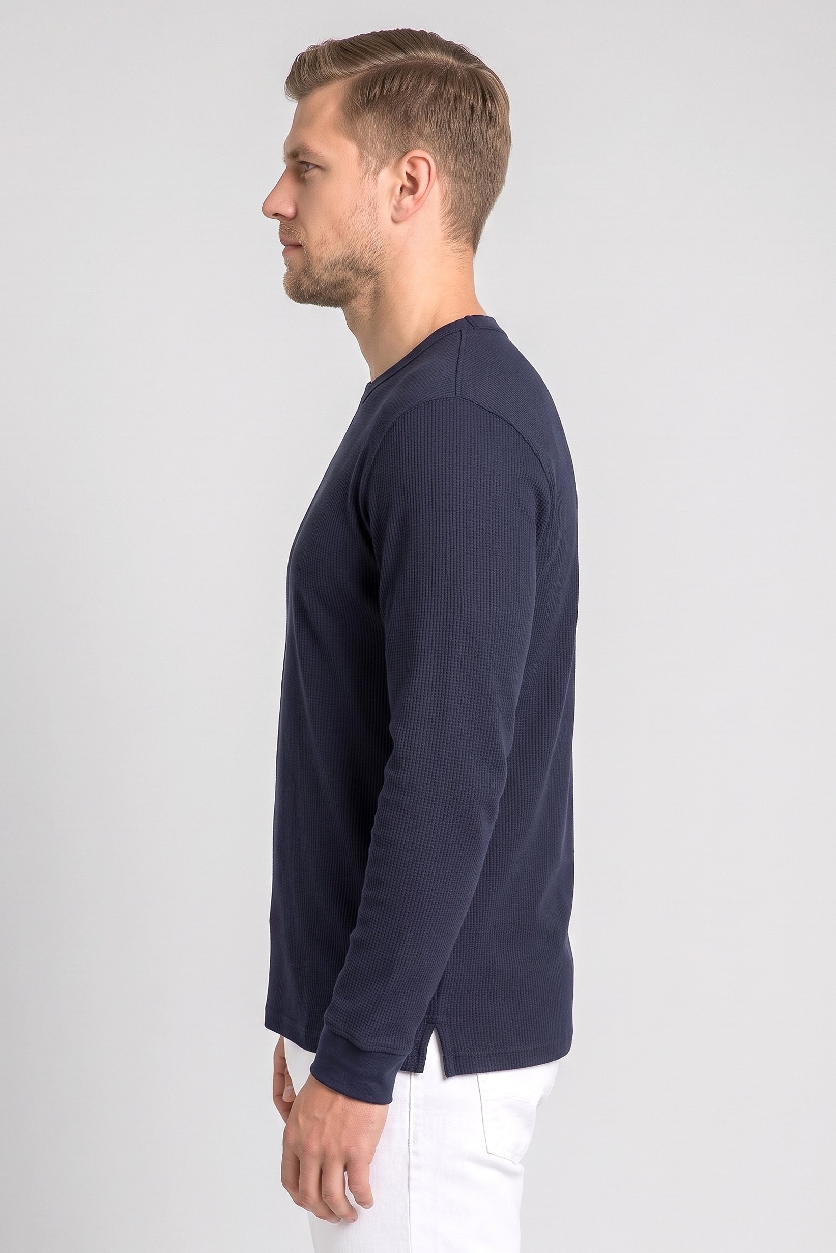 Men Crew Neck Long Sleeve Textured Sweatshirt, Navy