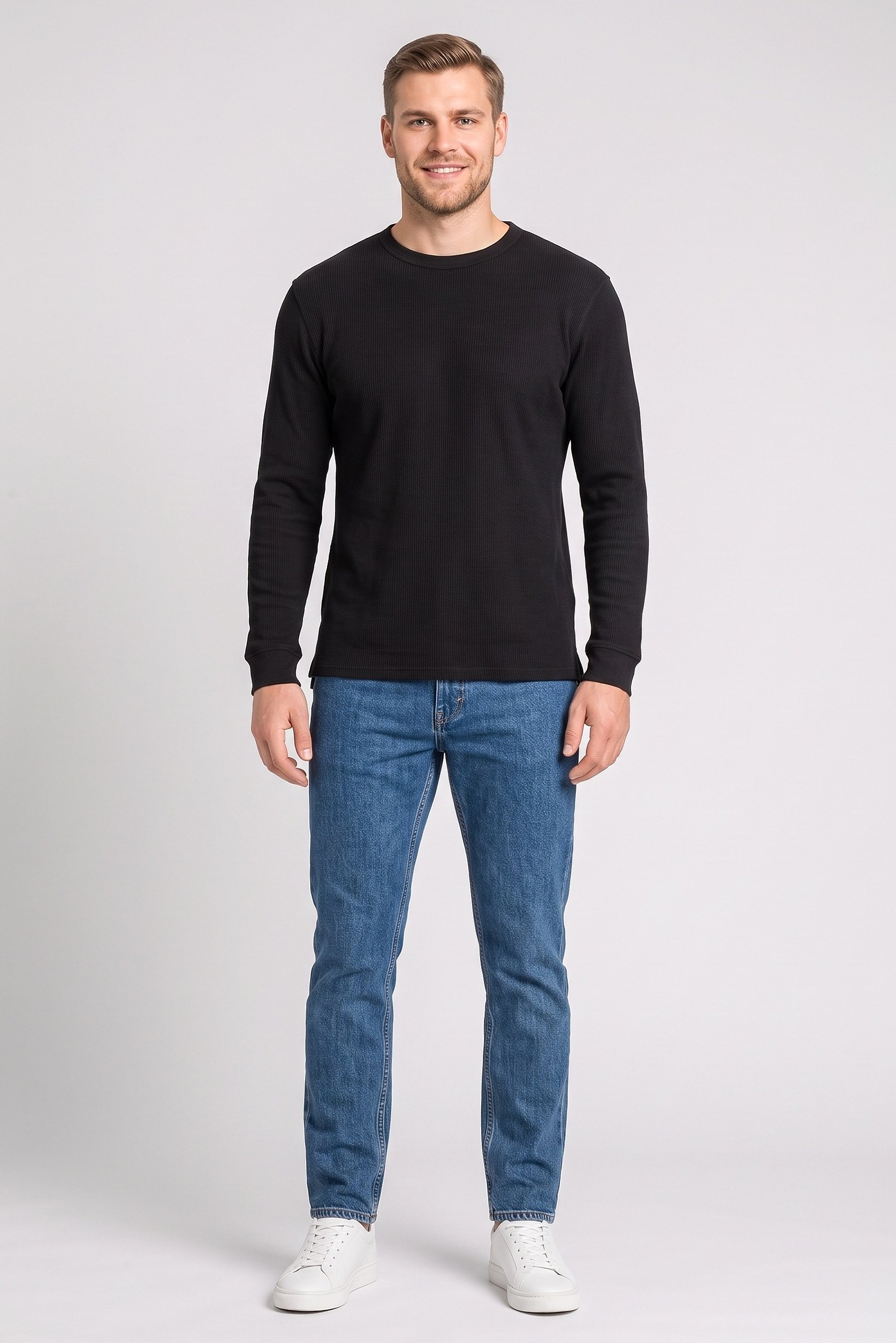 Men Crew Neck Textured Sweater, Black
