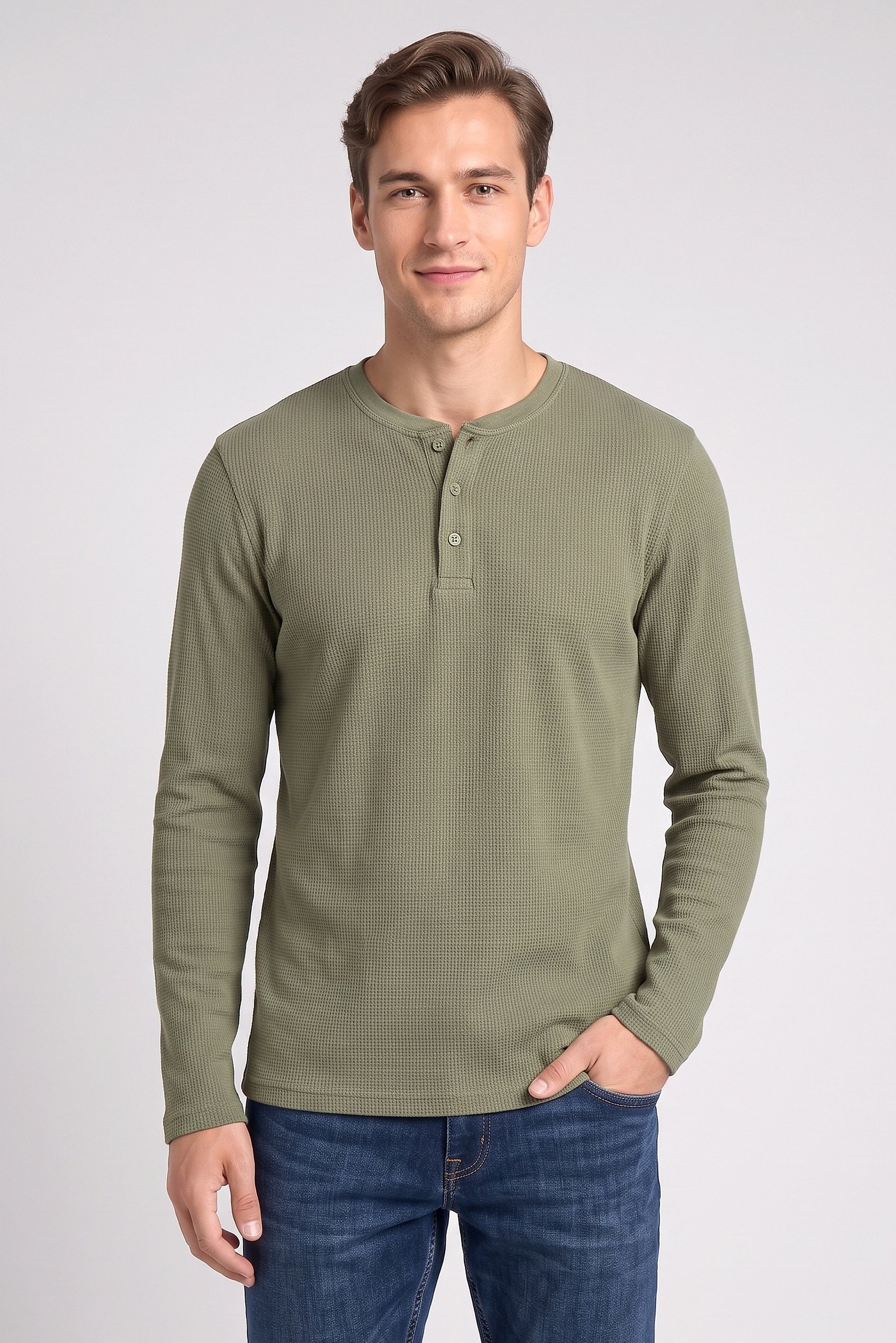 Men Henley Neck Long Sleeve Textured T-Shirt, Green
