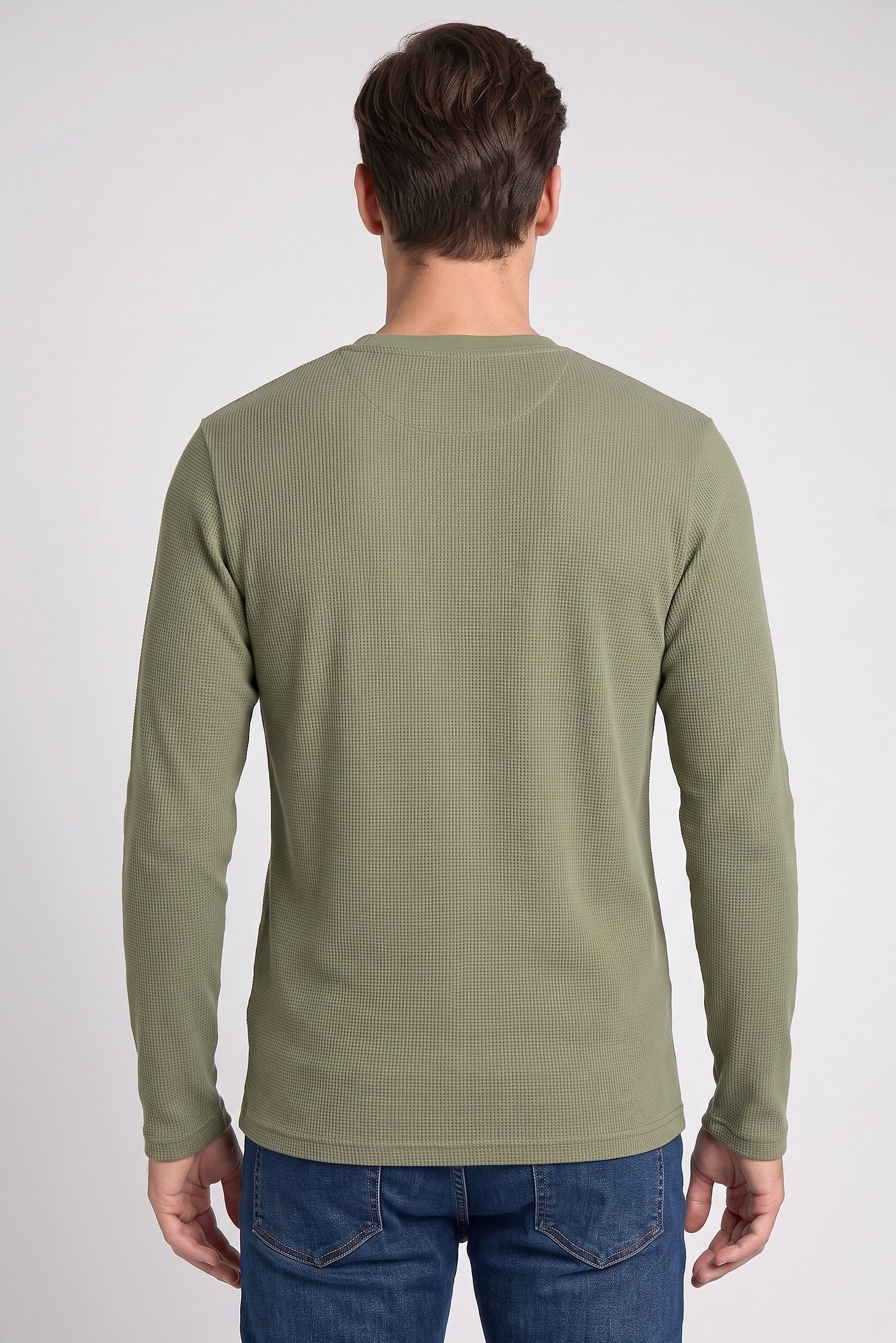 Men Henley Neck Long Sleeve Textured T-Shirt, Green
