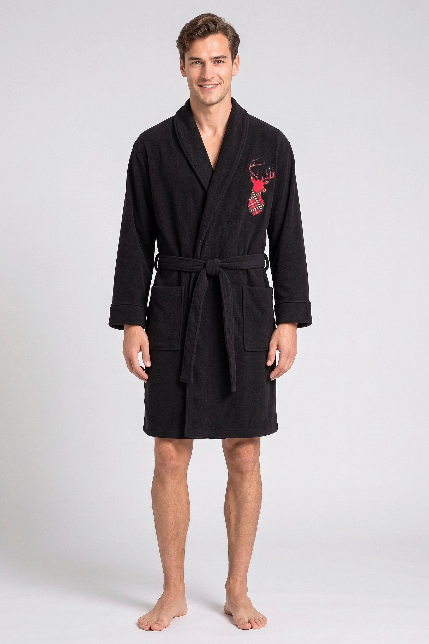 Men Embroidered Logo Long Sleeve Bathrobe, Black