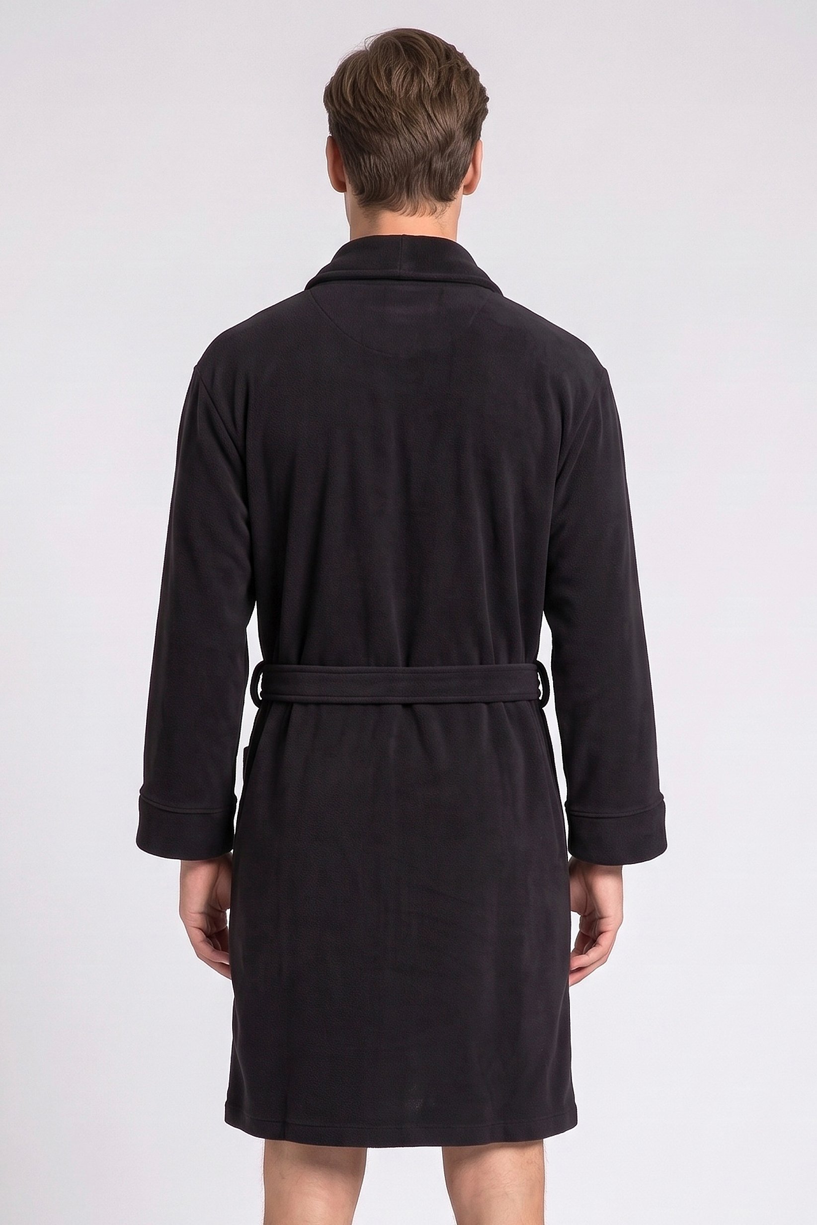 Men Embroidered Logo Long Sleeve Bathrobe, Black