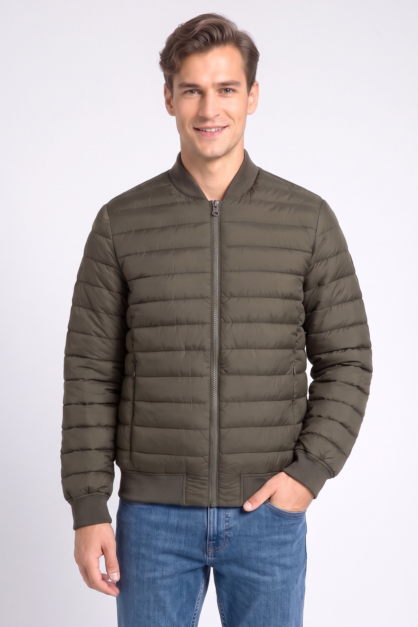 Men Quilted Puffer Jacket, Dark Olive
