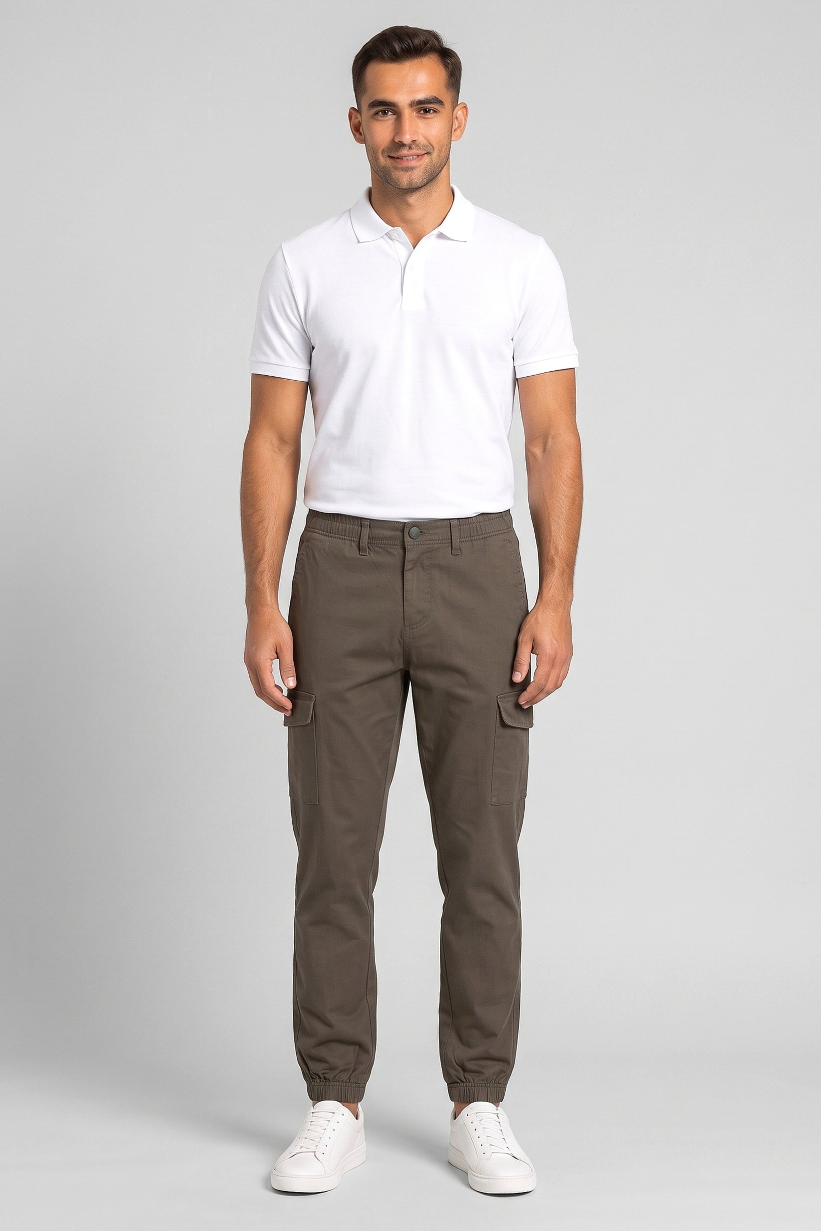 Men Slim Fit Solid Cargo Pants, Olive