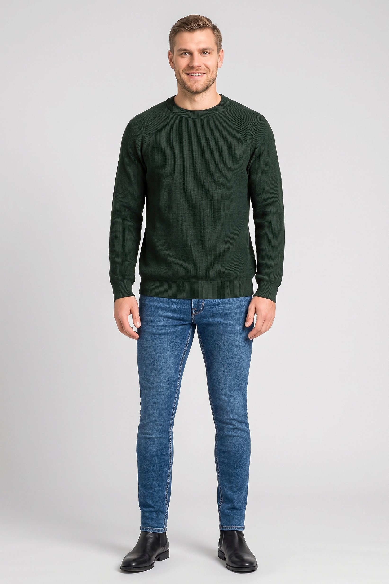 Men Crew Neck Knitted Sweater, Dark Green