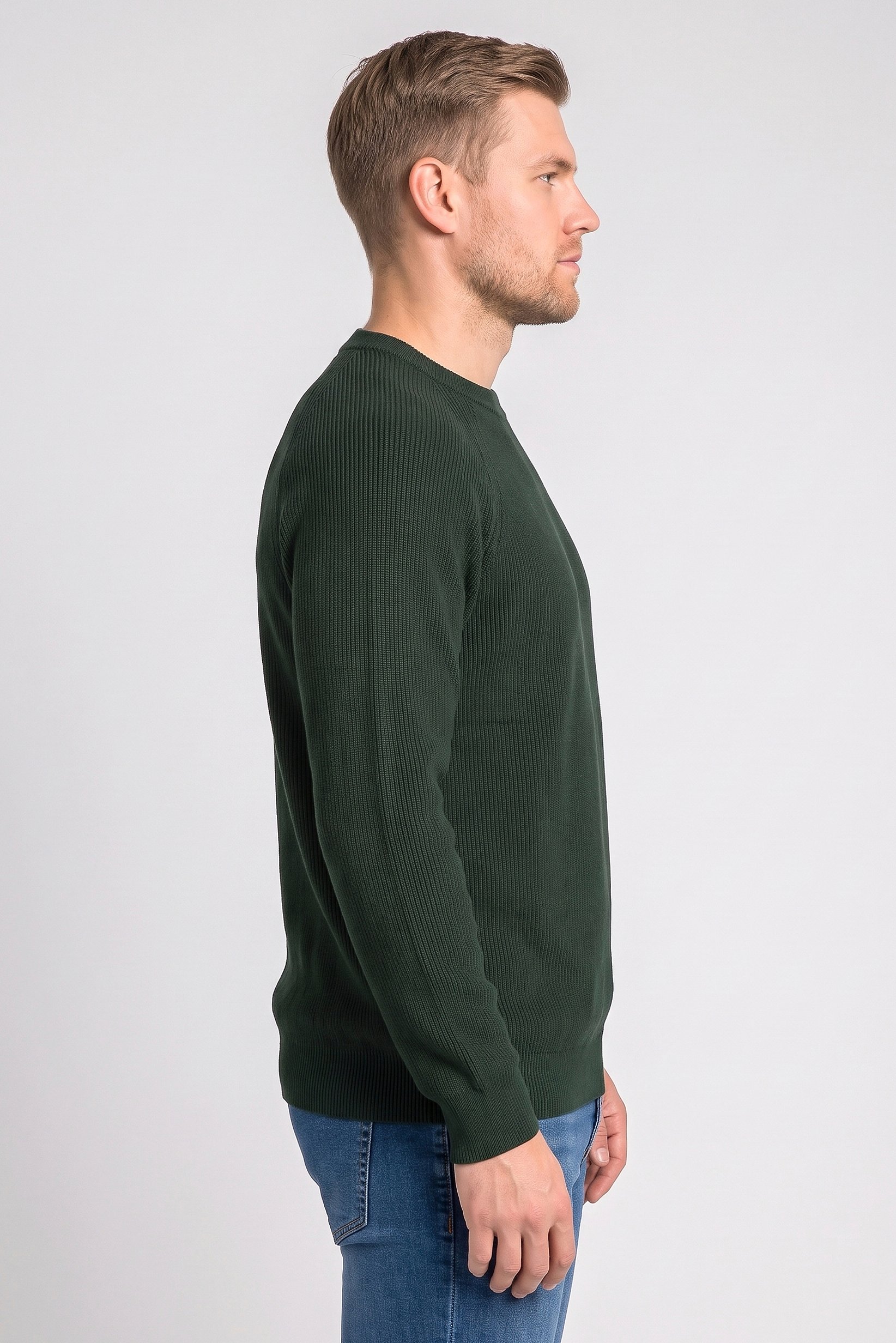 Men Crew Neck Knitted Sweater, Dark Green