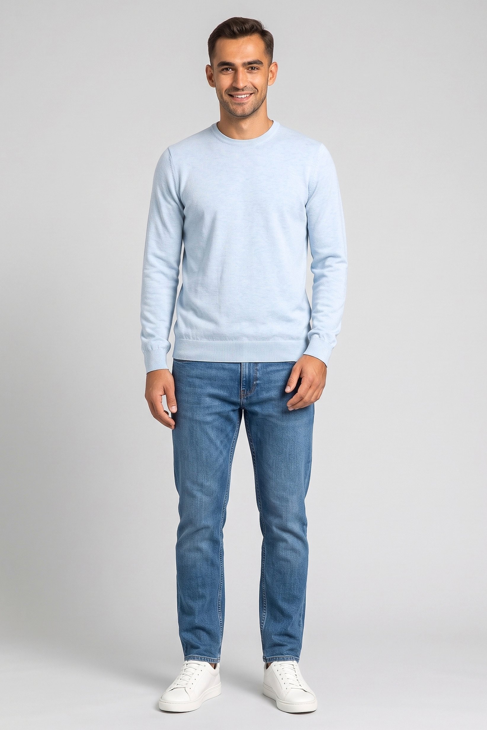 Men Crew Neck Textured Sweater, Sky Blue