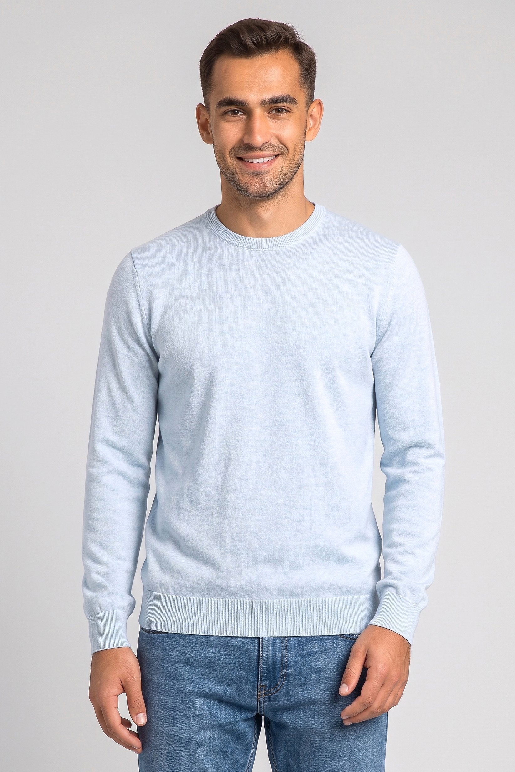 Men Crew Neck Textured Sweater, Sky Blue