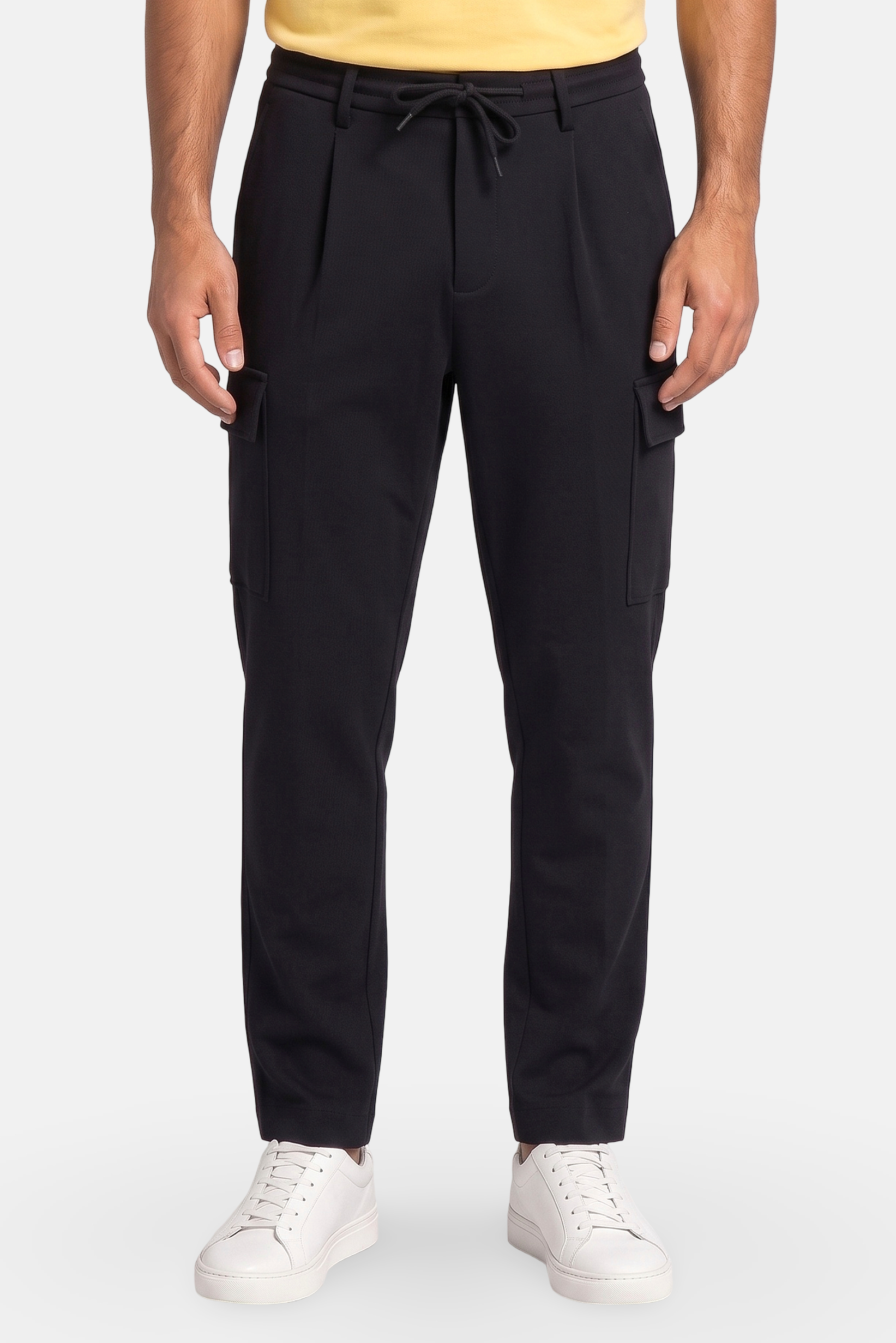 Men Regular Fit Solid Cargo Pants, Navy Blue