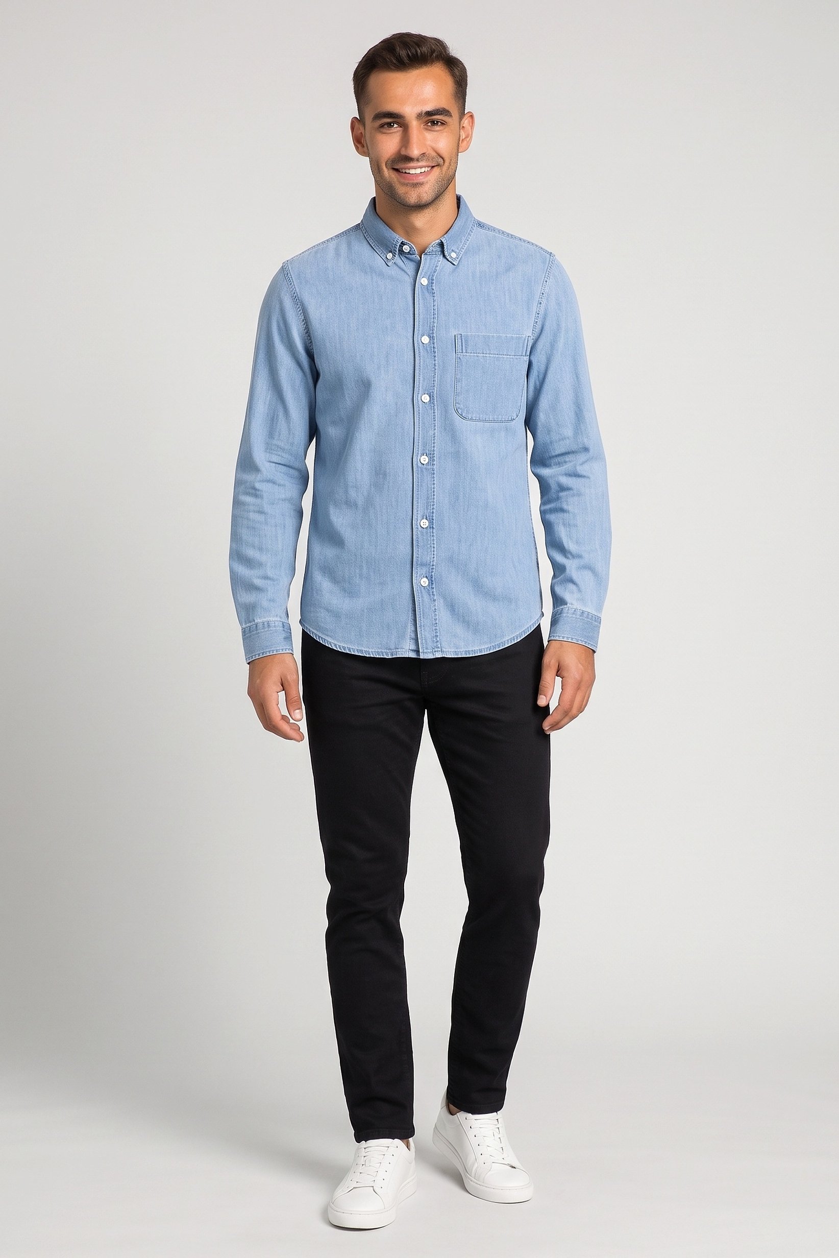 Men Regular Fit Washed Long Sleeve Denim Shirt, Blue