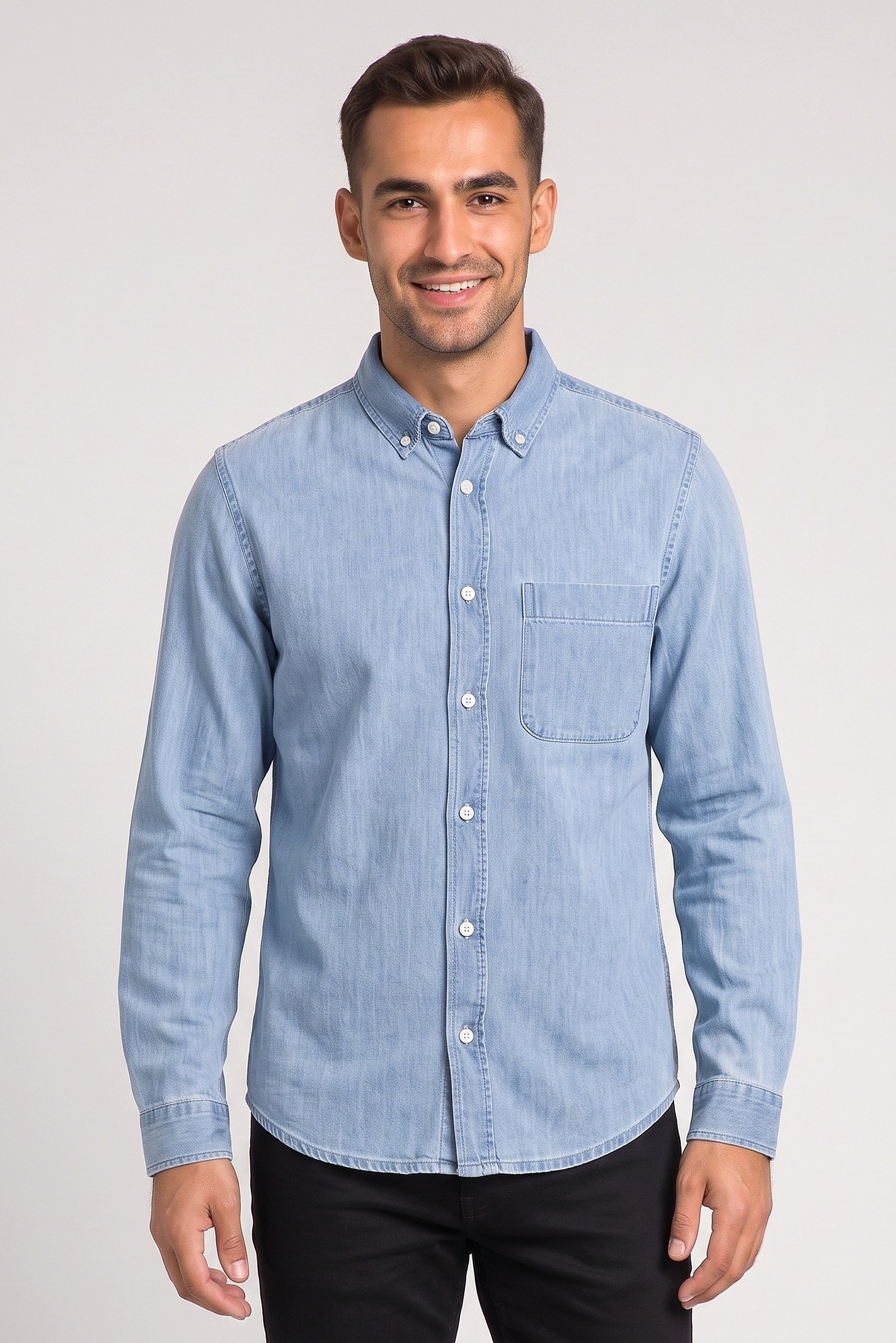 Men Regular Fit Washed Long Sleeve Denim Shirt, Blue