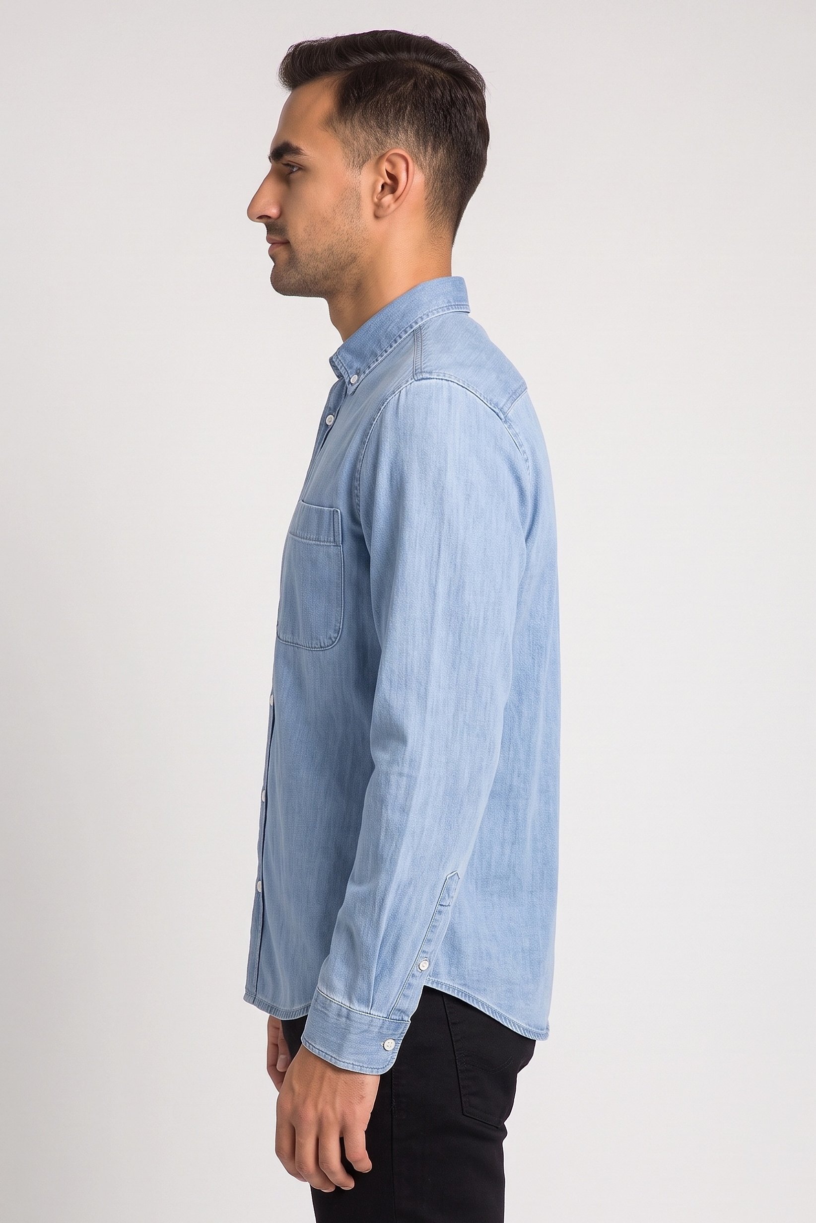 Men Regular Fit Washed Long Sleeve Denim Shirt, Blue