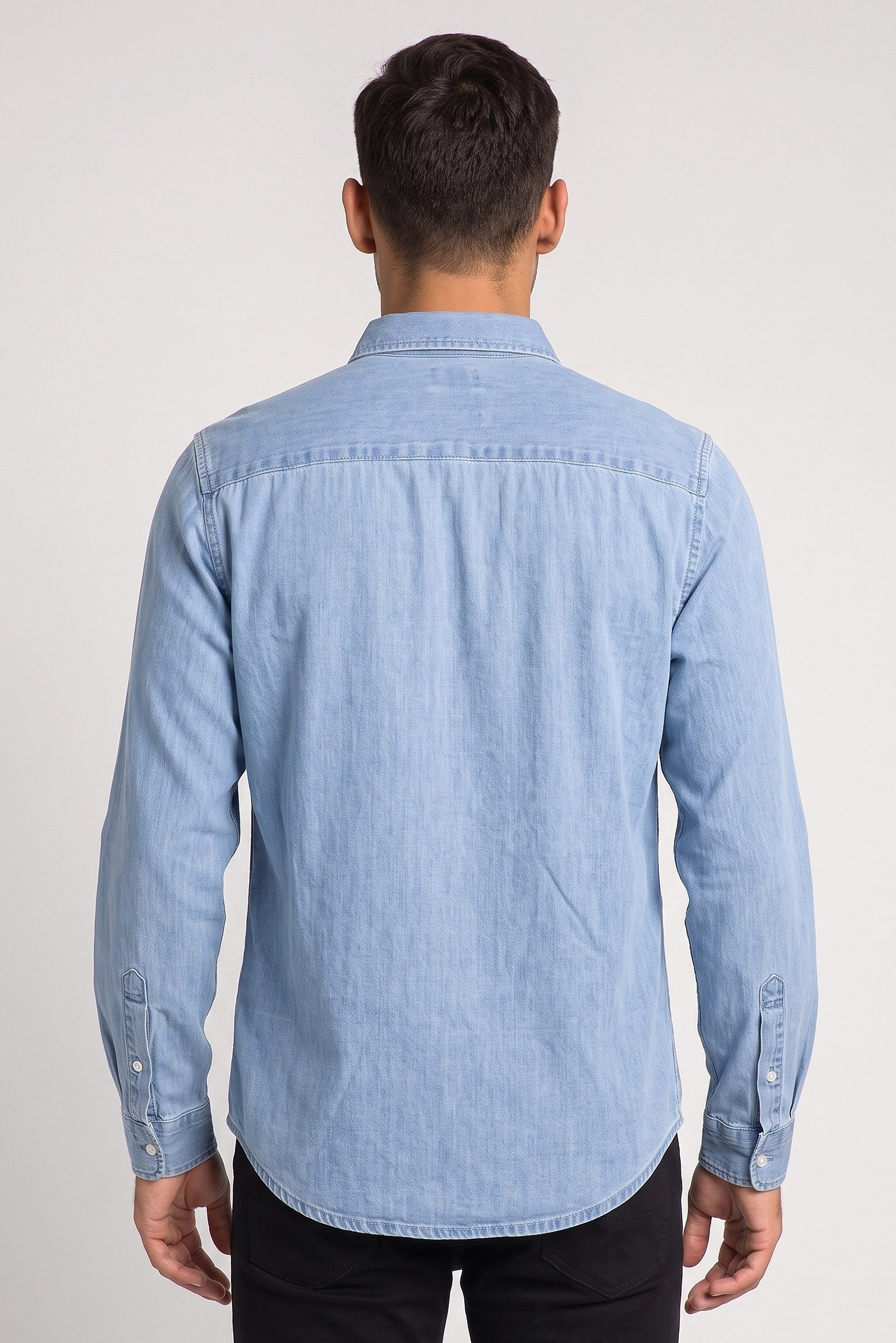 Men Regular Fit Washed Long Sleeve Denim Shirt, Blue