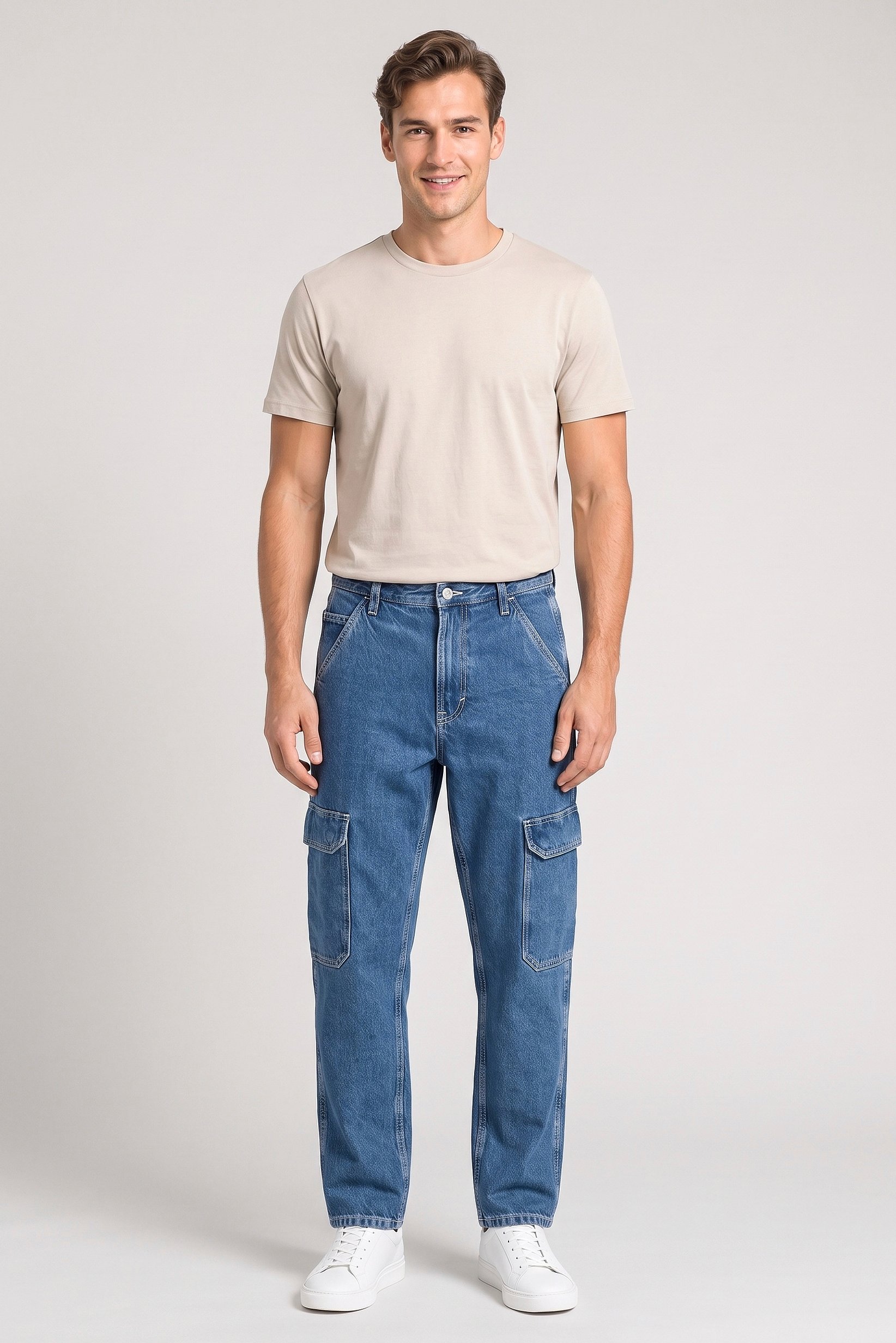 Men Loose Fit Non-Stretchable Cargo Jeans, Blue