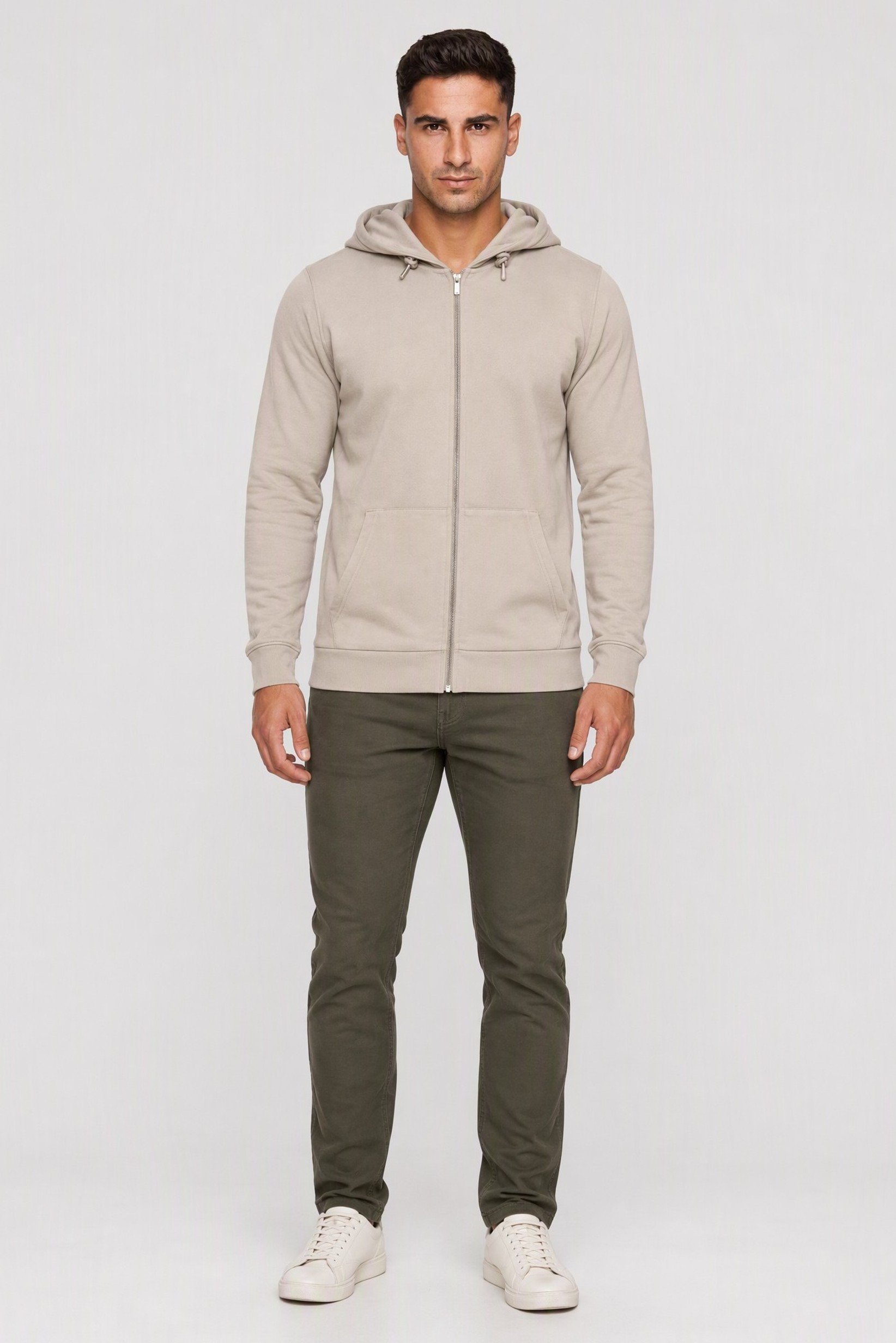 Men Long Sleeve Textured Full Zip Hoodie, Light Beige