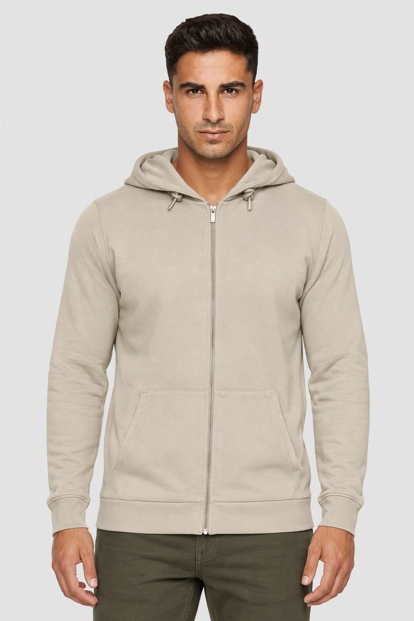 Men Long Sleeve Textured Full Zip Hoodie, Light Beige