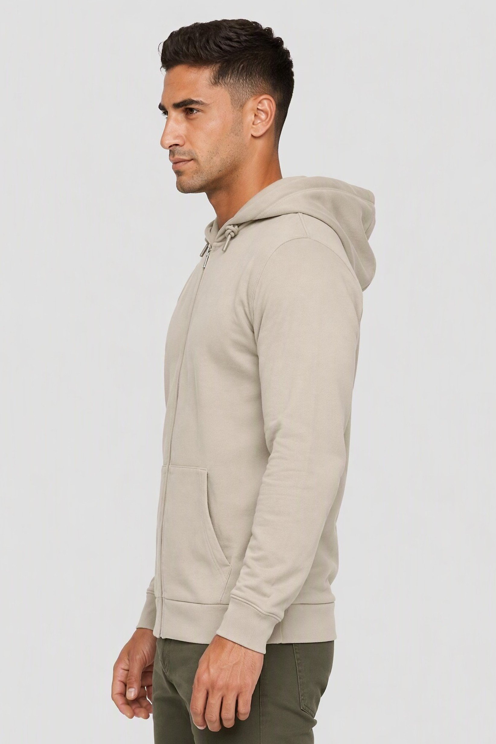 Men Long Sleeve Textured Full Zip Hoodie, Light Beige
