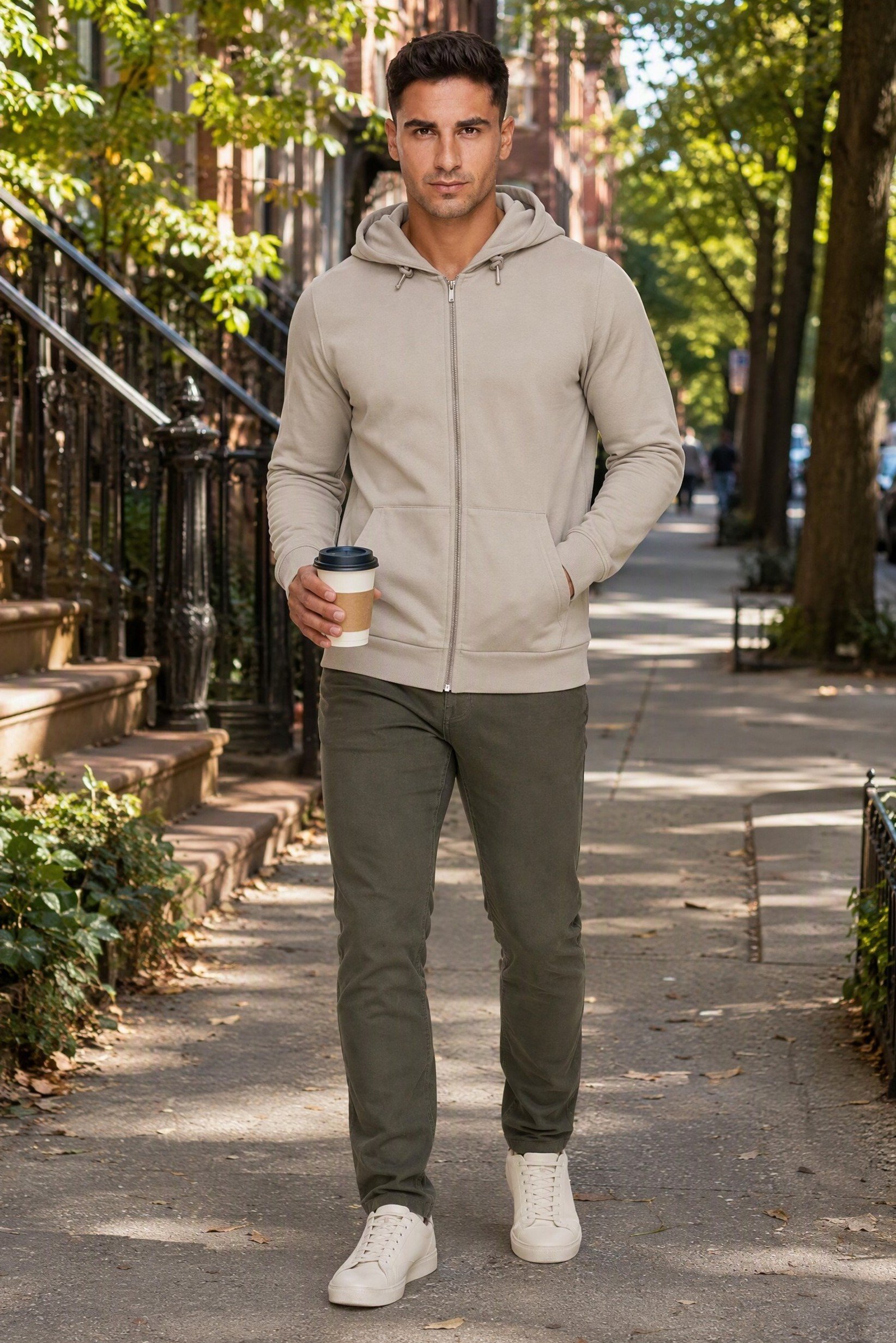 Men Long Sleeve Textured Full Zip Hoodie, Light Beige
