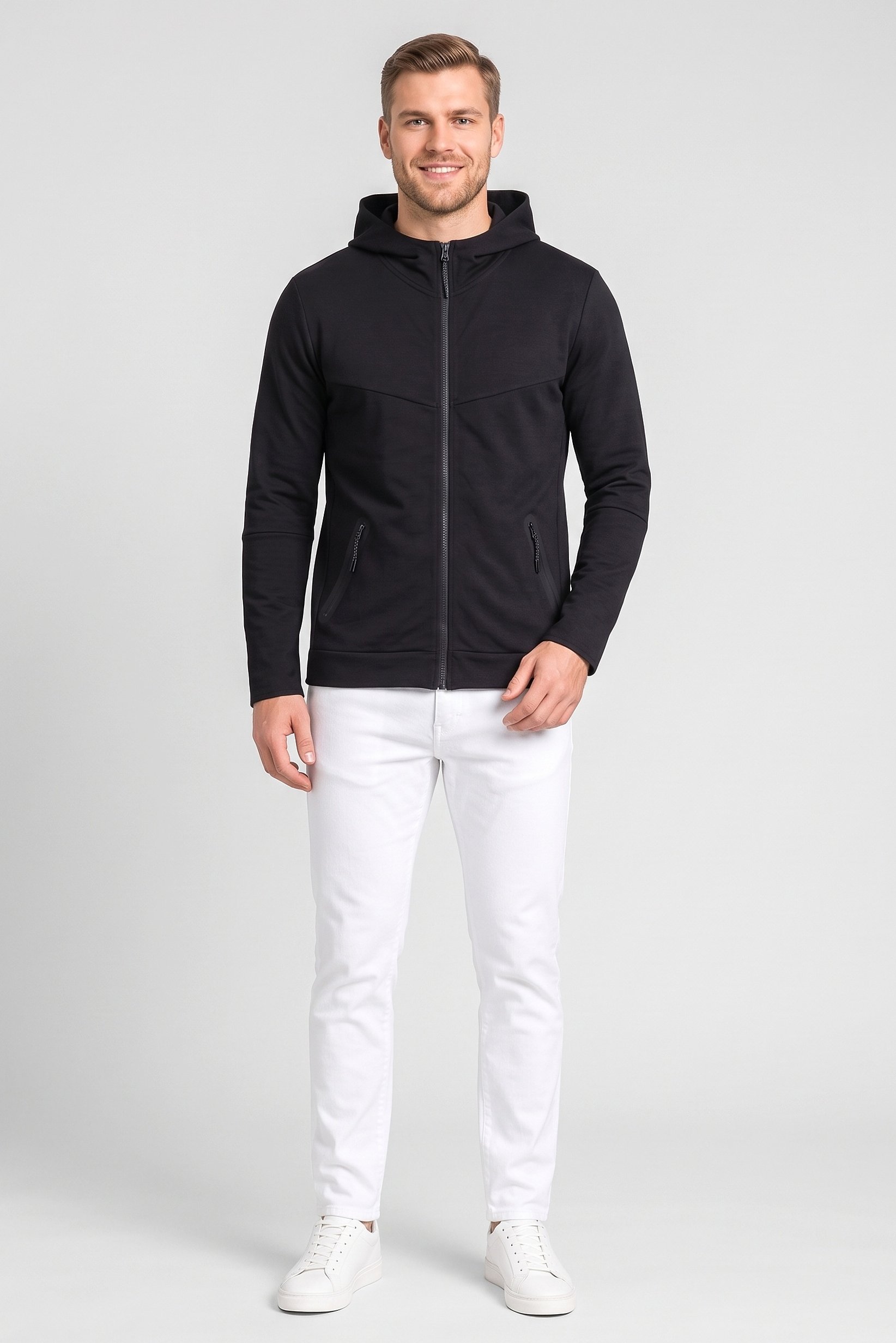 Men Solid Long Sleeve Hoodie, Black