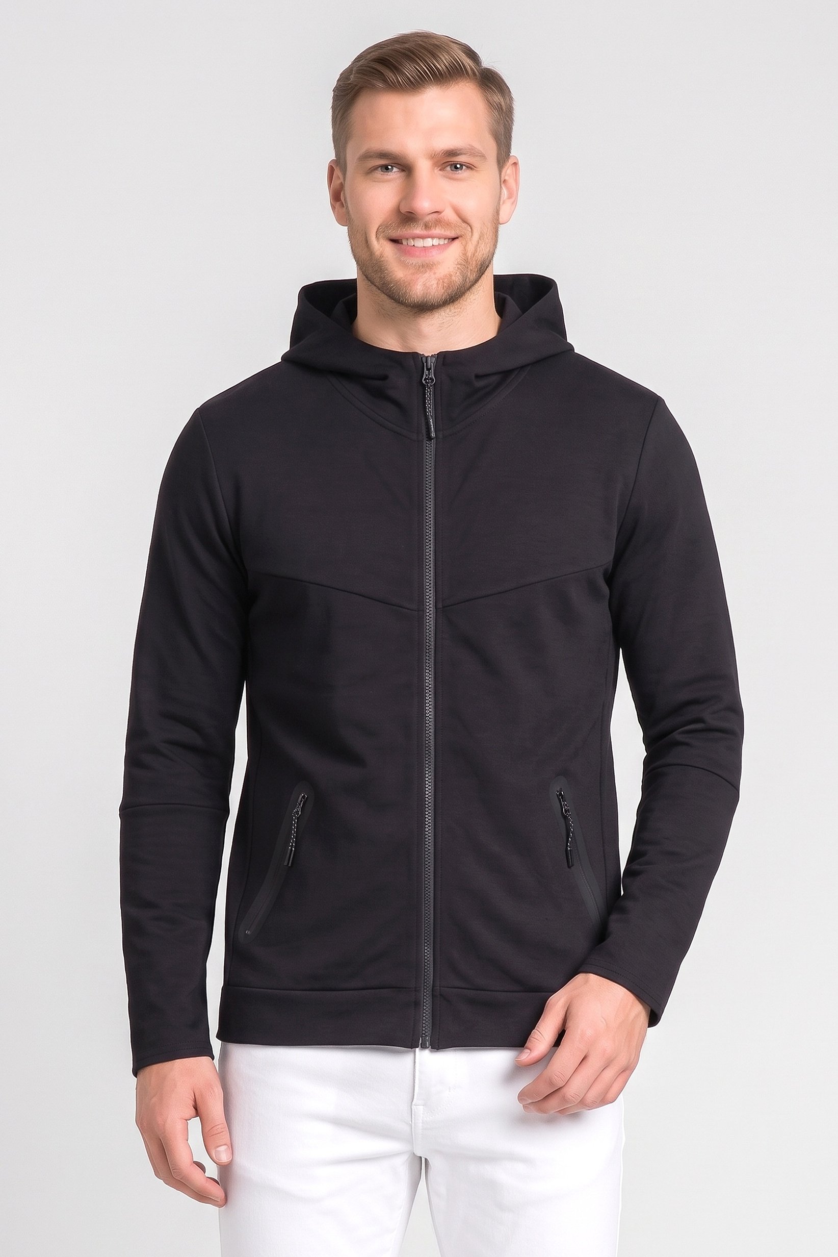 Men Solid Long Sleeve Hoodie, Black