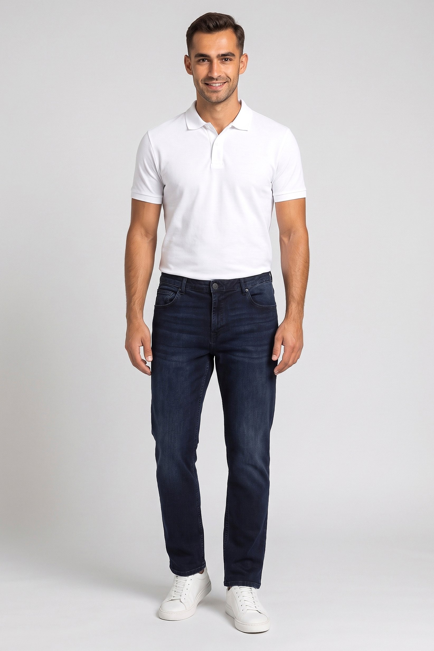 Men Regular Fit Washed Stretchable Jeans, Navy