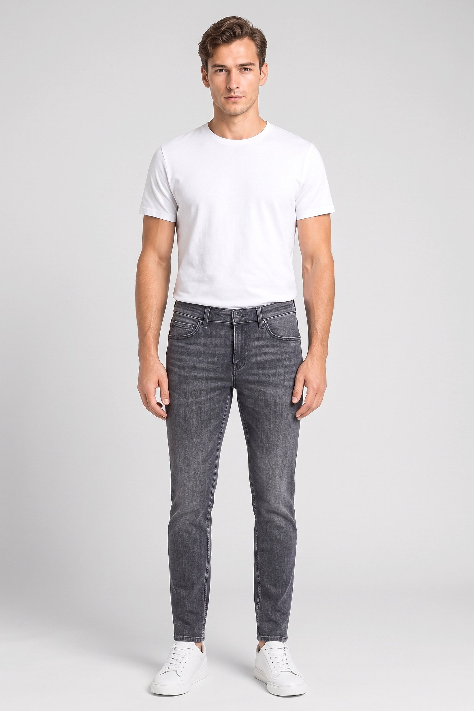 Men Slim Fit Washed Stretchable Jeans, Charcoal