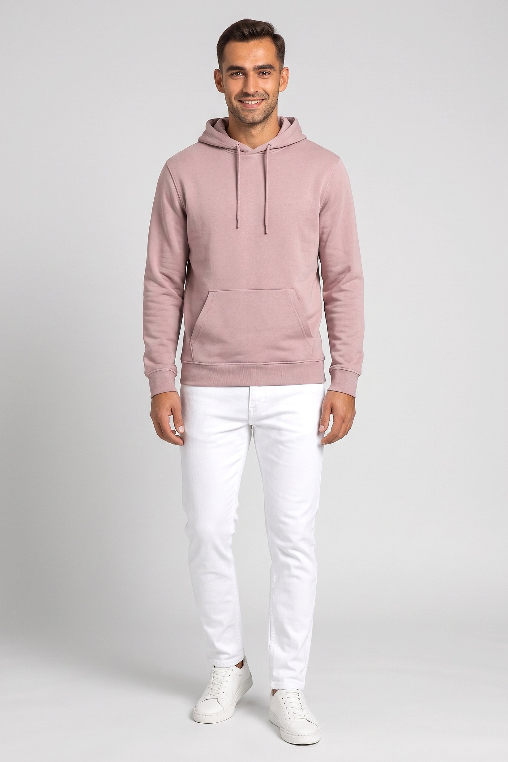 Men Solid Long Sleeve Hoodie, Light Pink