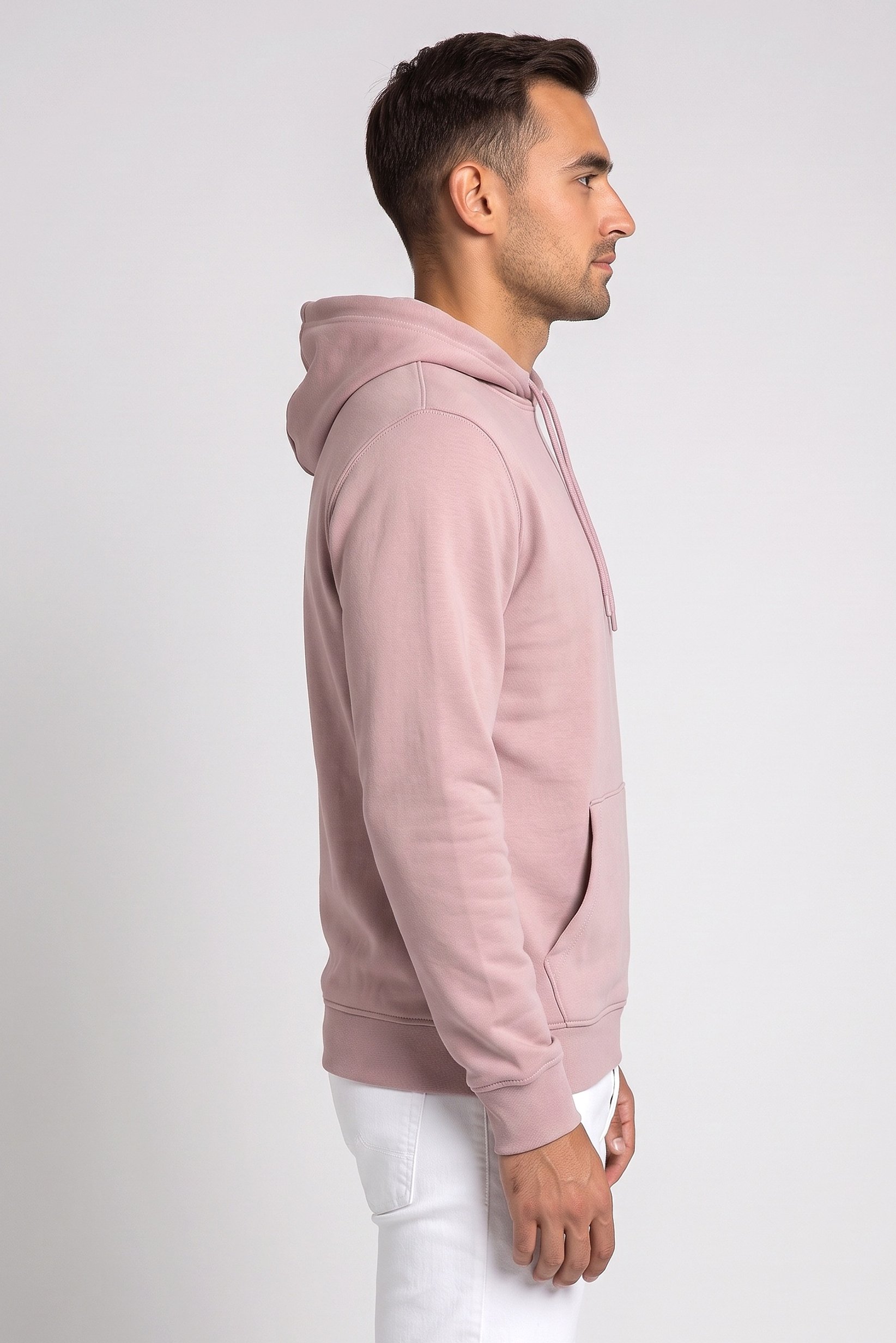 Men Solid Long Sleeve Hoodie, Light Pink