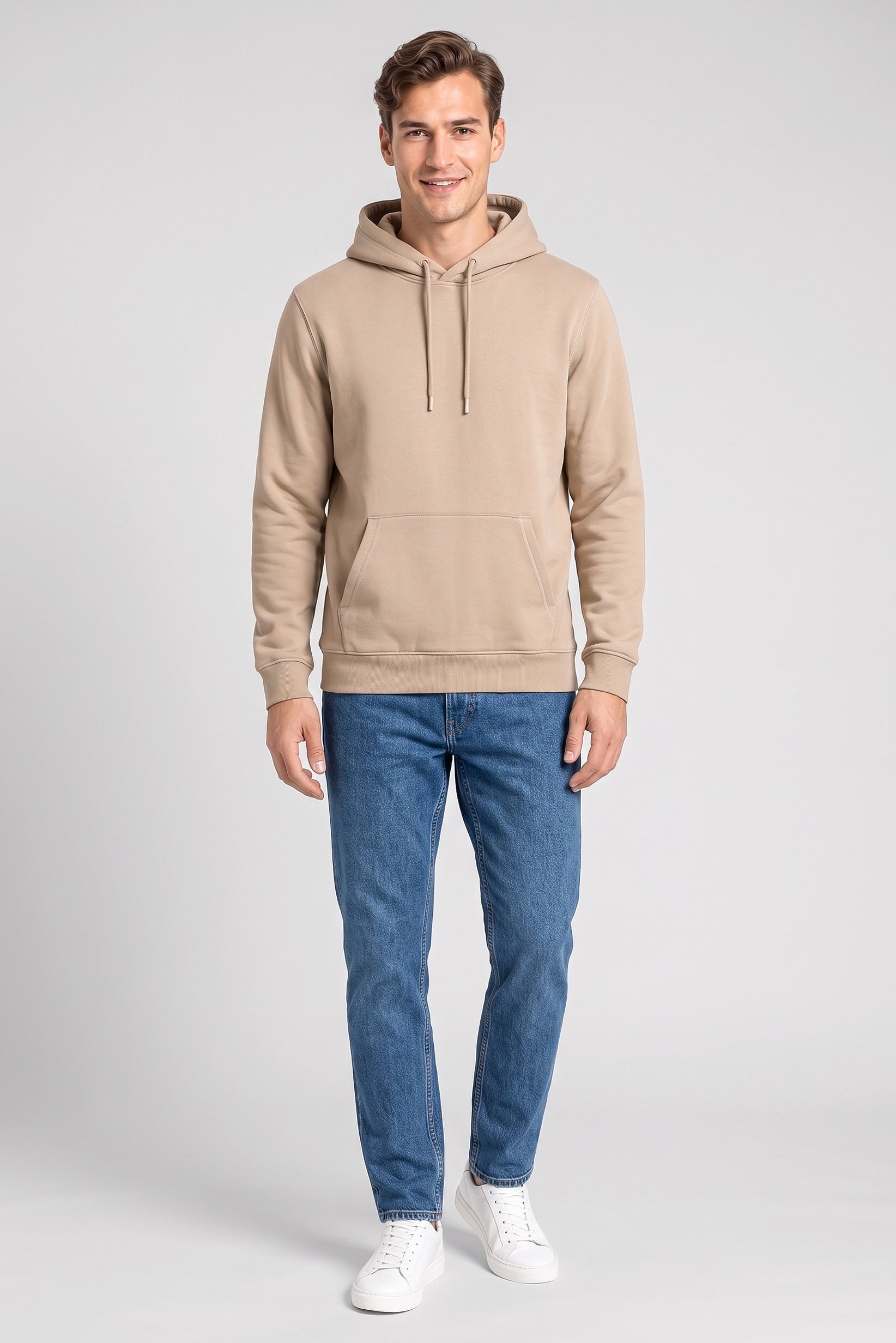 Men Long Sleeve Solid Hoodie, Dark Beige