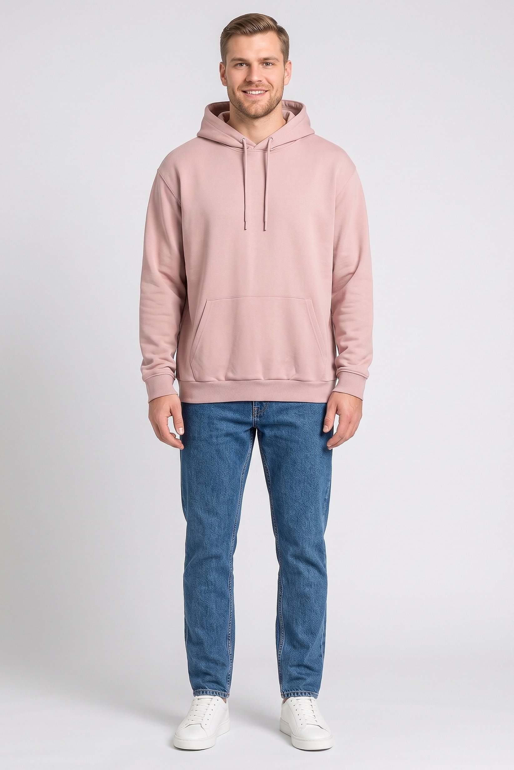 Men Long Sleeve Solid Hoodie, Dusty Pink