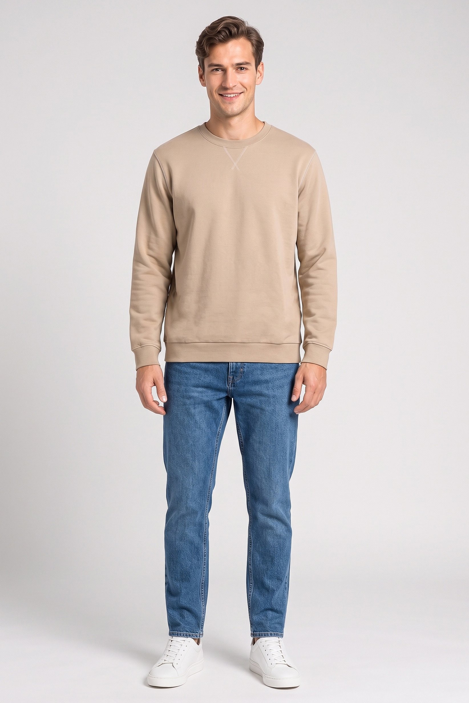 Men Crew Neck Long Sleeve Solid Sweatshirt, Beige
