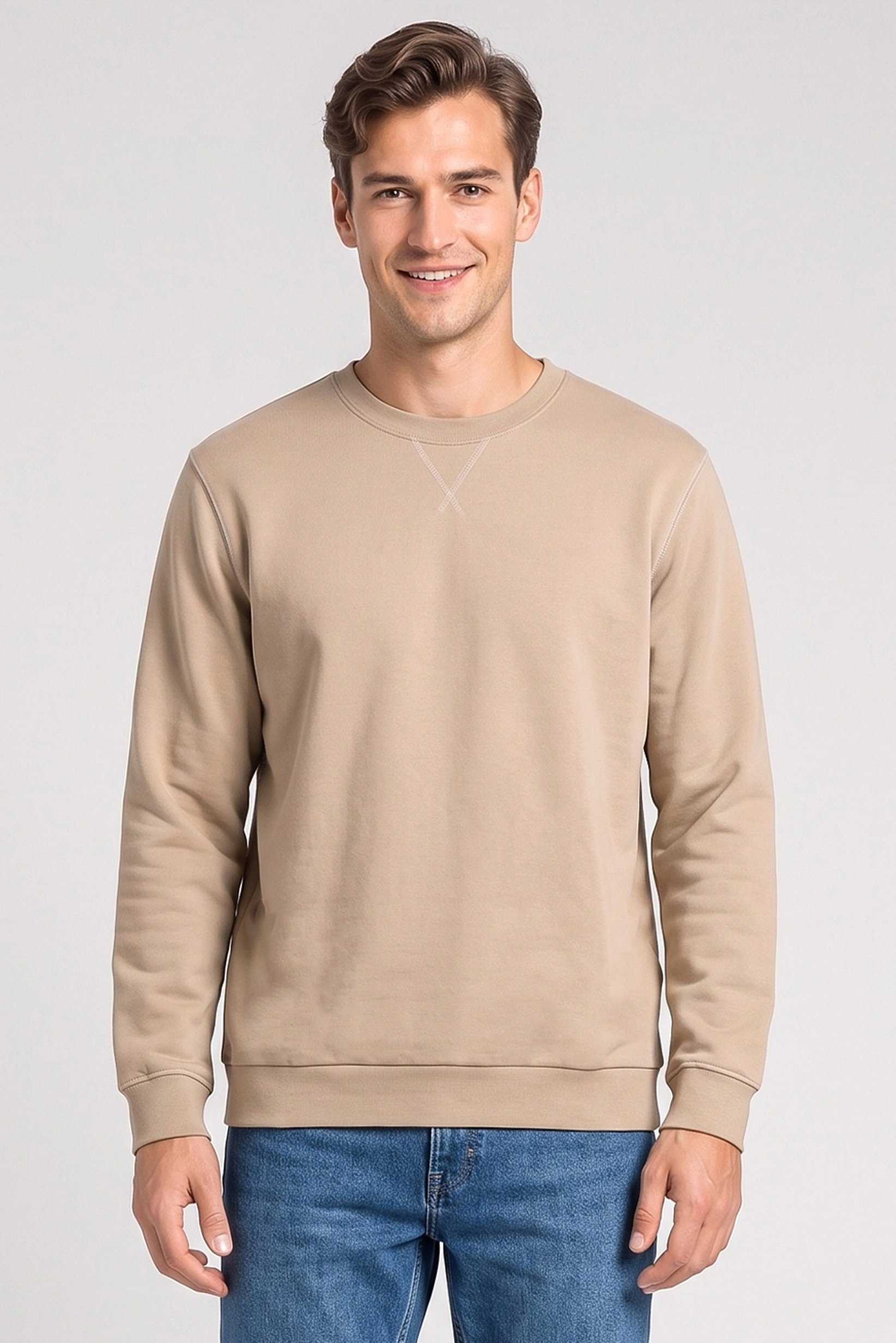 Men Crew Neck Long Sleeve Solid Sweatshirt, Beige