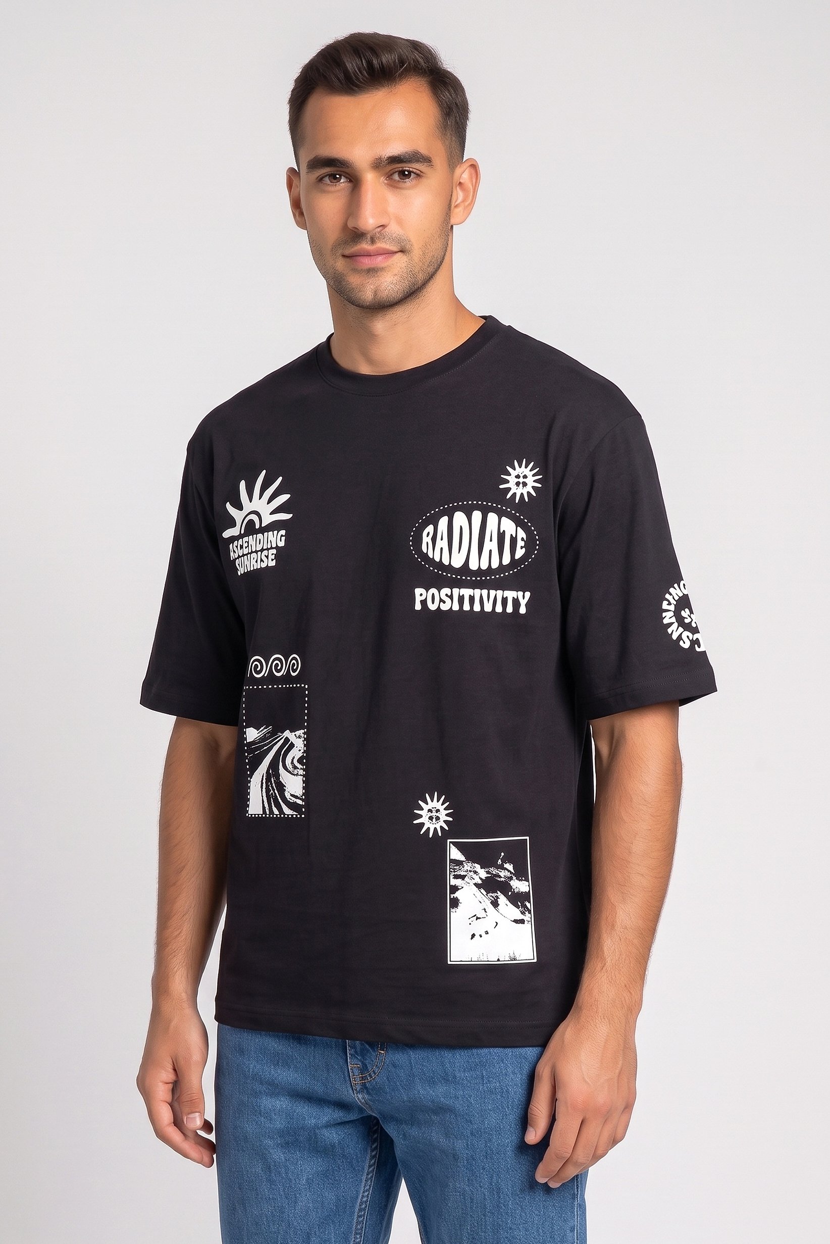 Men Crew Neck Short Sleeve Graphic Print T-Shirt, Black